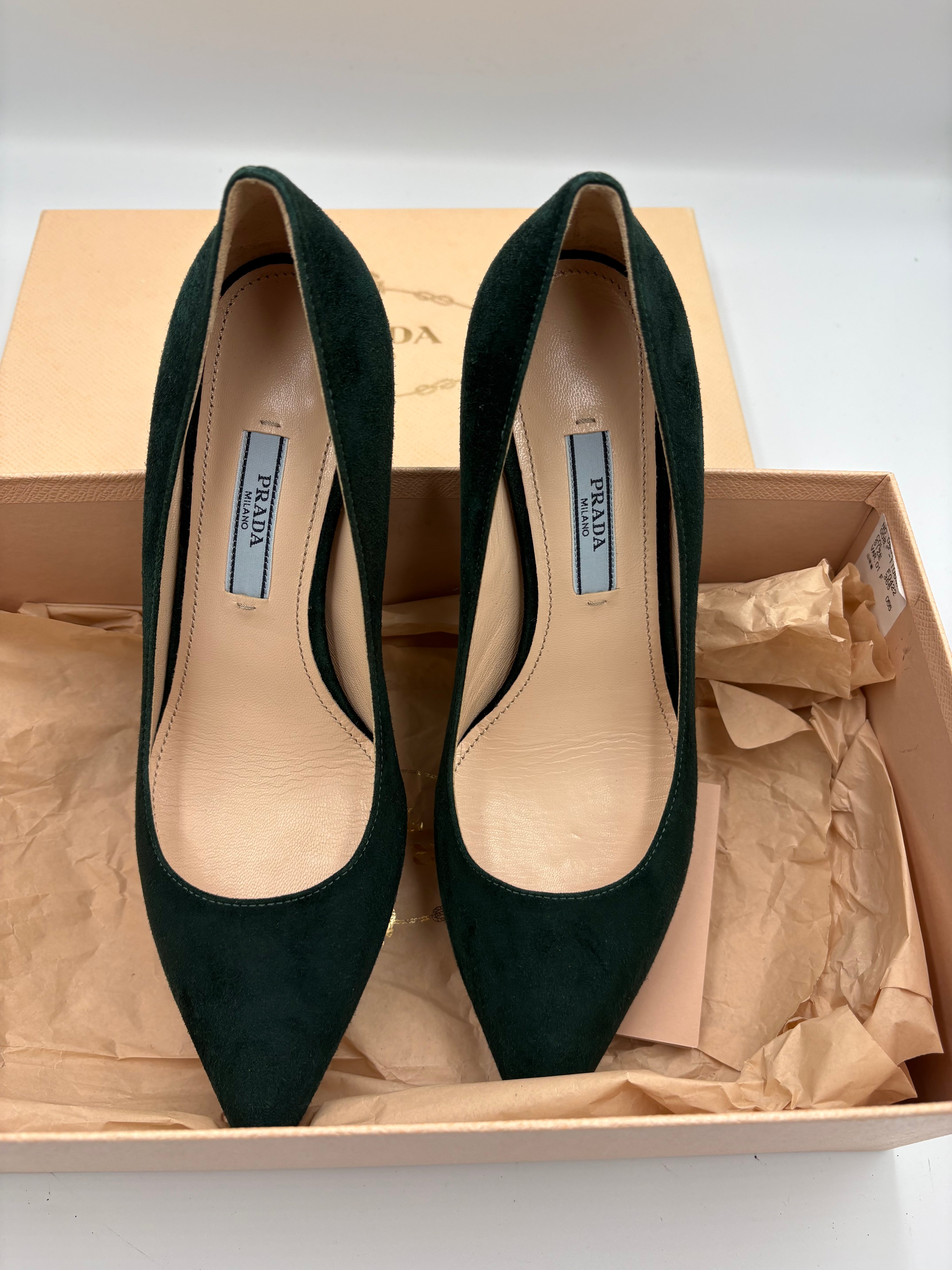 Authentic Prada emerald forest green suede kitten heel pointy toe heels