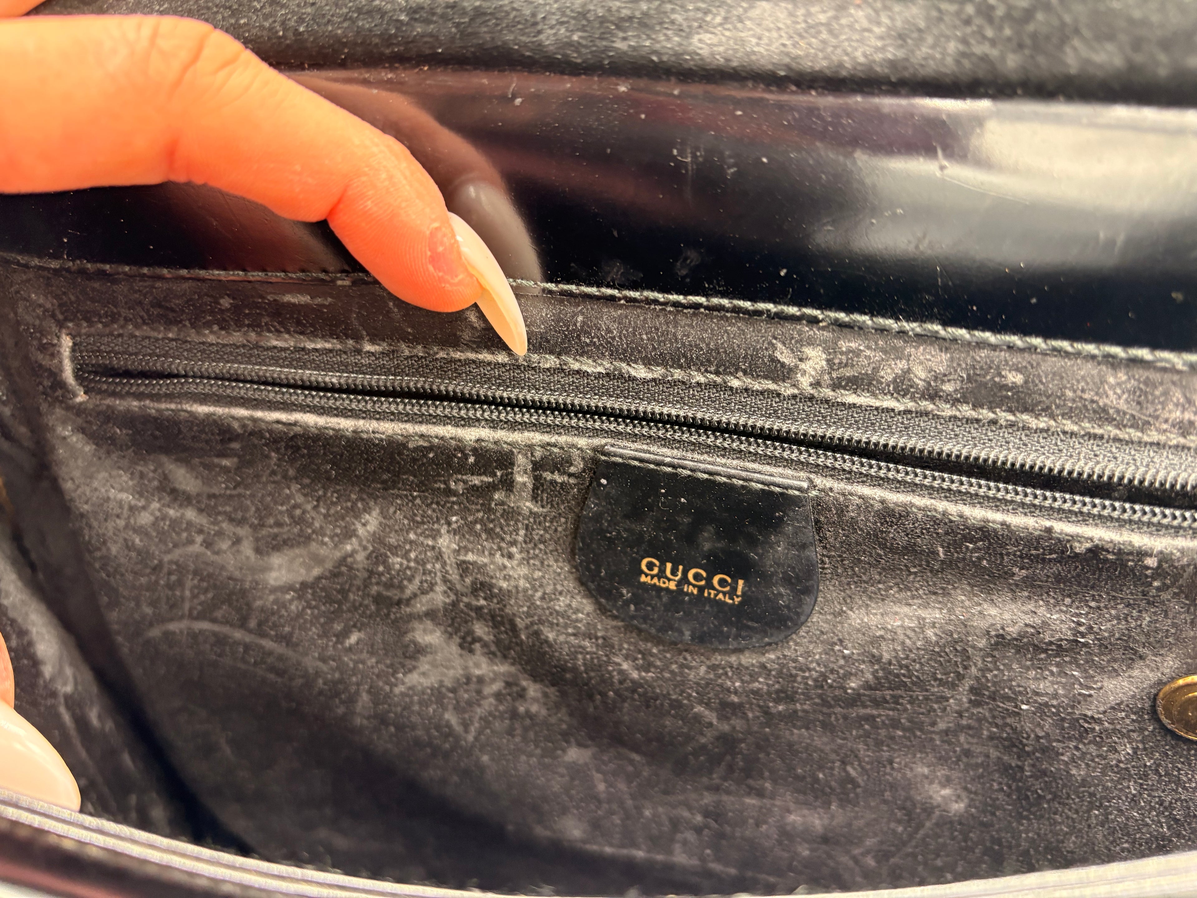 rare 90s Gucci by Tom Ford black patent leather gold handle Clutch