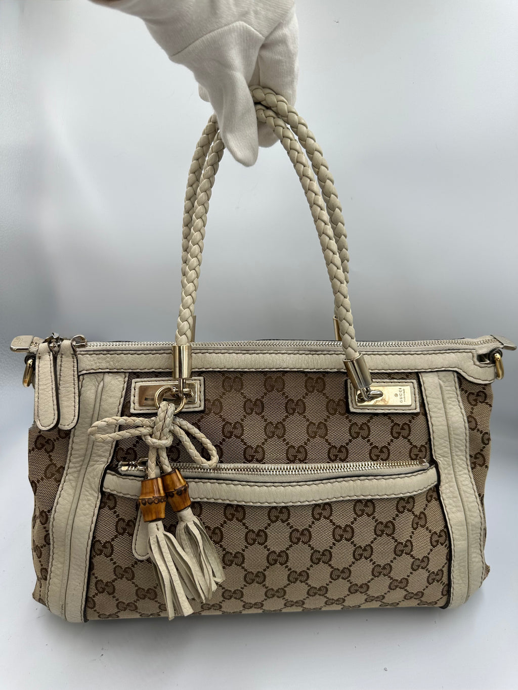 Rare Gucci Small GG Canvas Bella Satchel in beige and cream