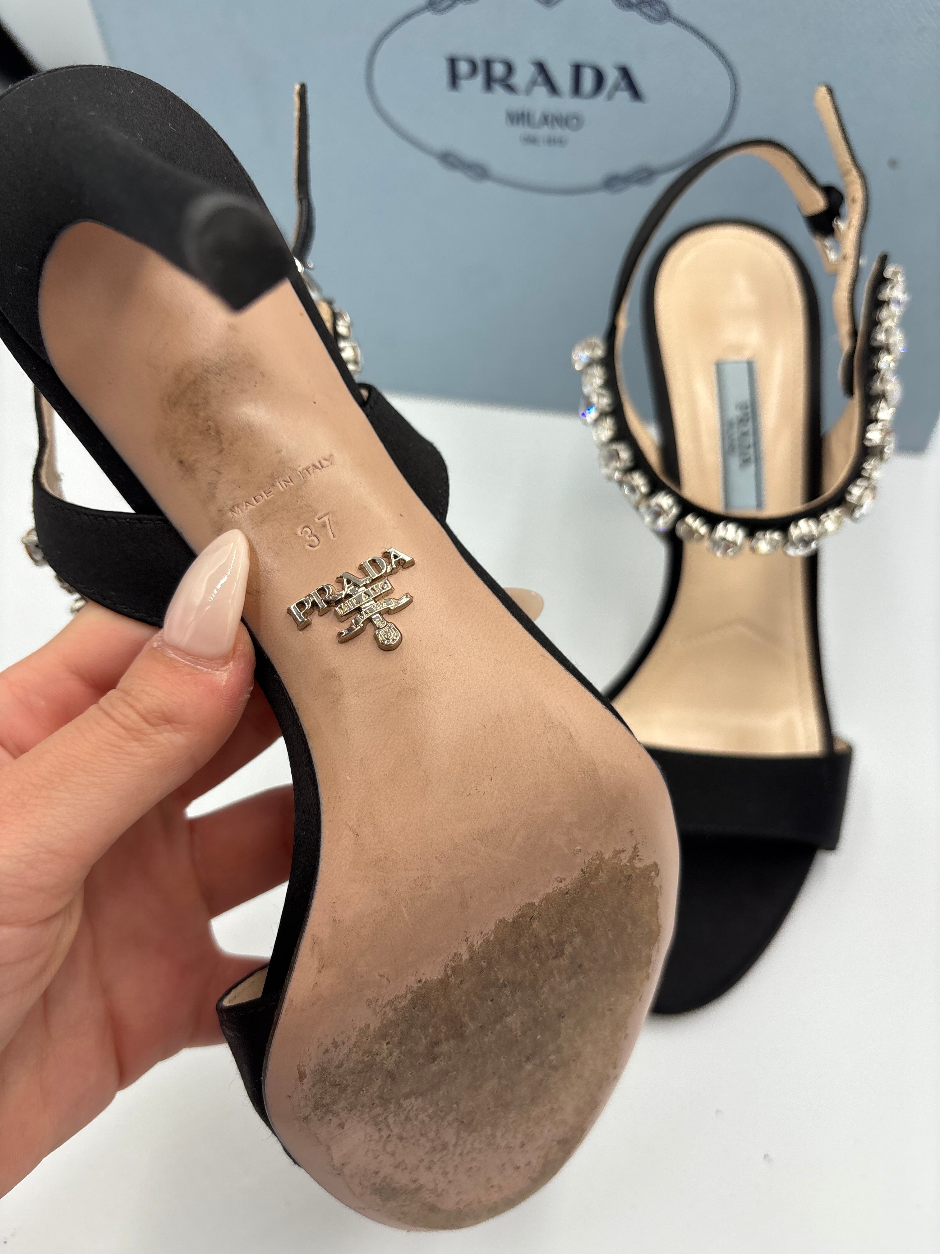 Prada black satin crystal embellished strappy high heel sandals UK 4.5