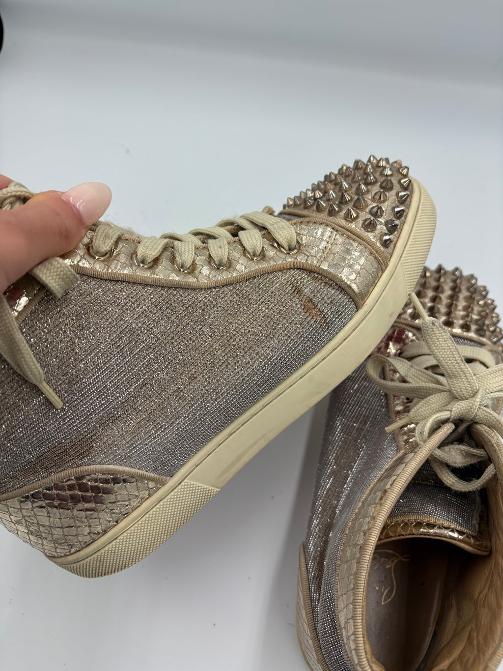 Christian Louboutin Lou Spikes Spike Studded Glitter Sneakers in Rose Gold UK 5