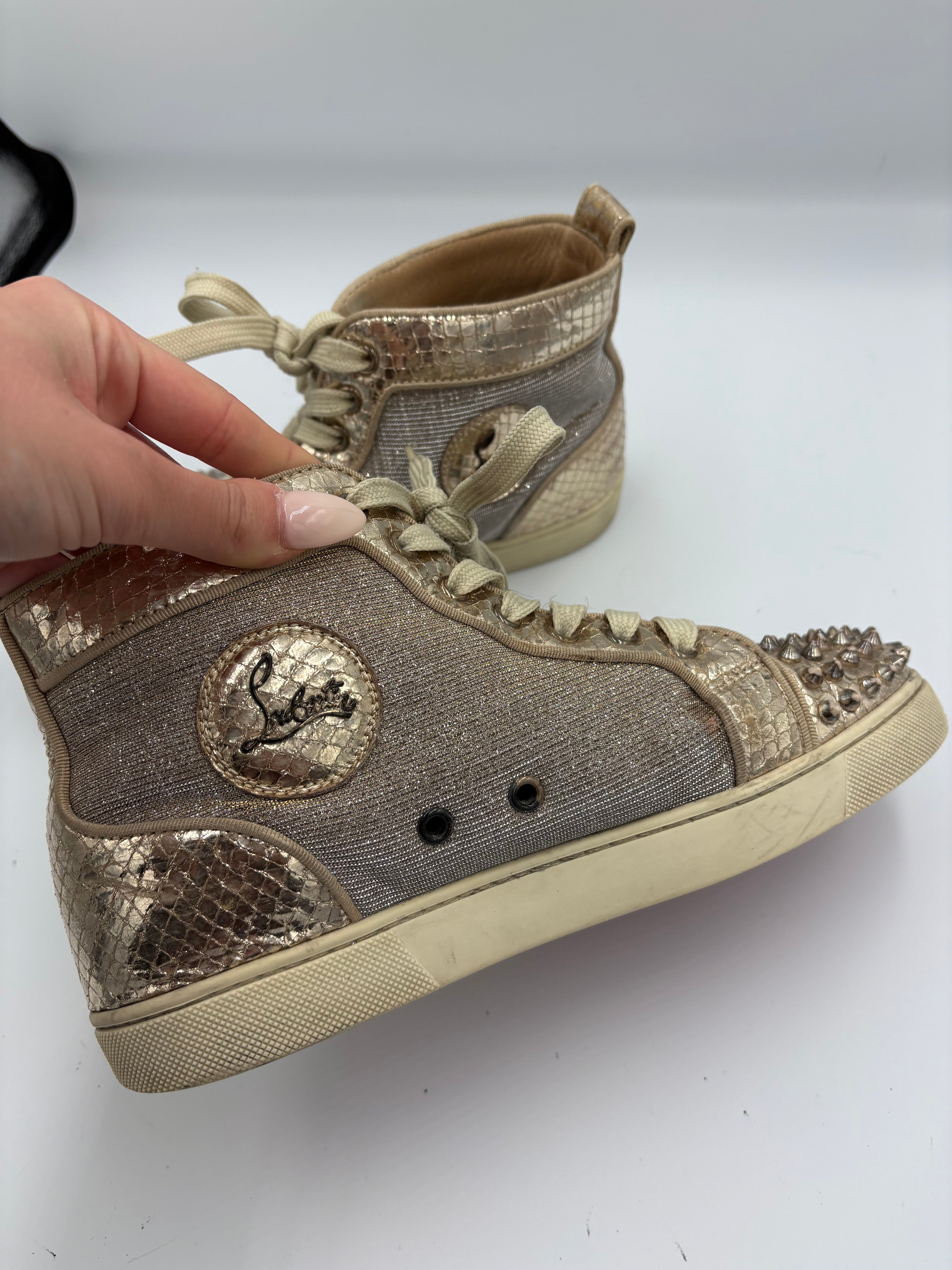 Christian Louboutin Lou Spikes Spike Studded Glitter Sneakers in Rose Gold UK 5