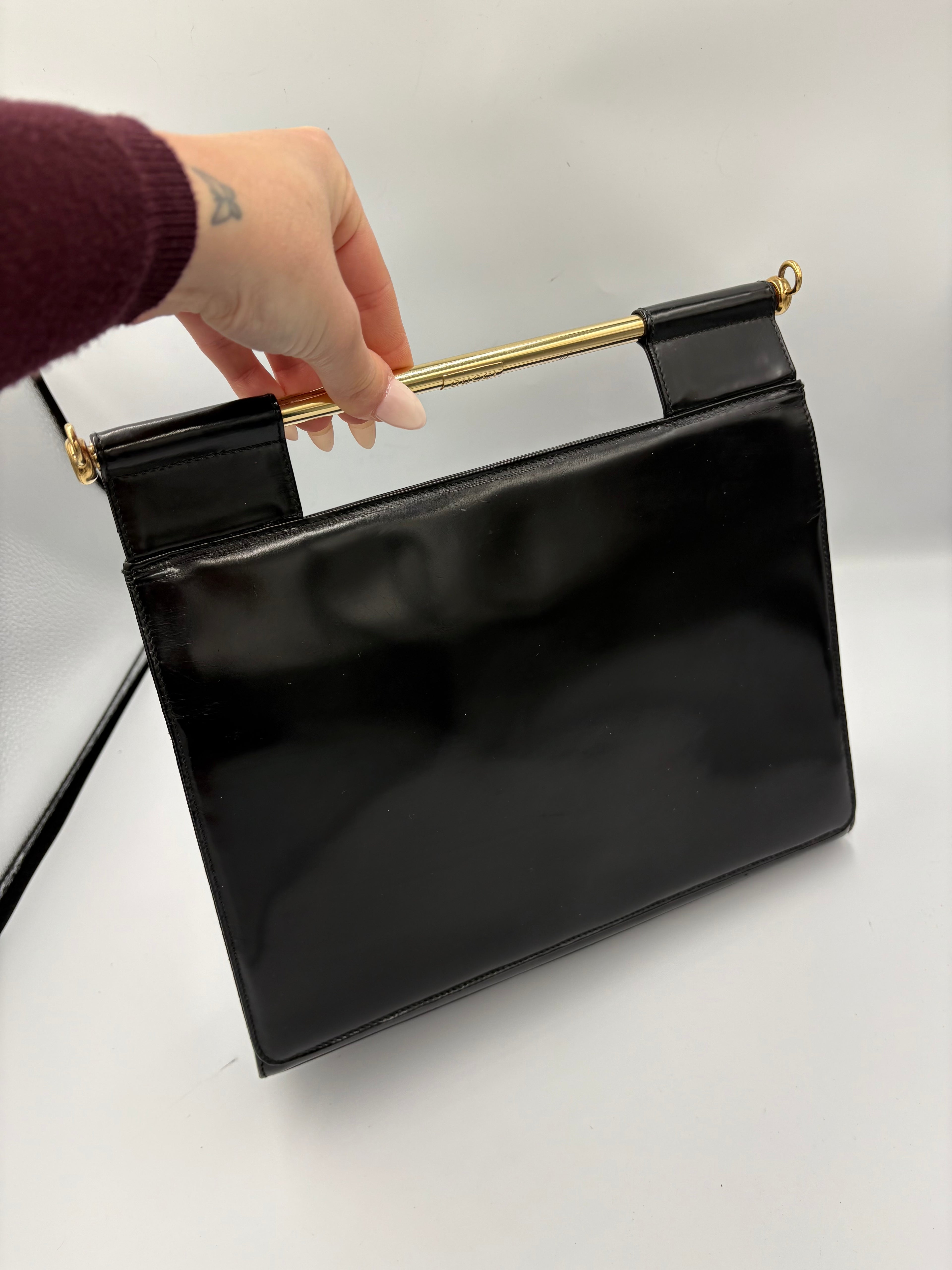 rare 90s Gucci by Tom Ford black patent leather gold handle Clutch