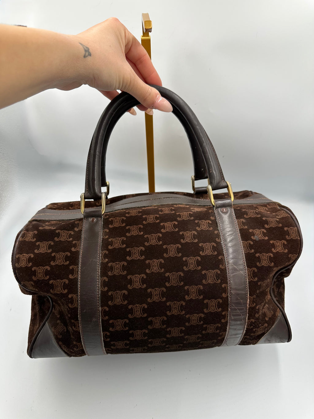 Rare Celine brown suede monogram Macadam handbag
