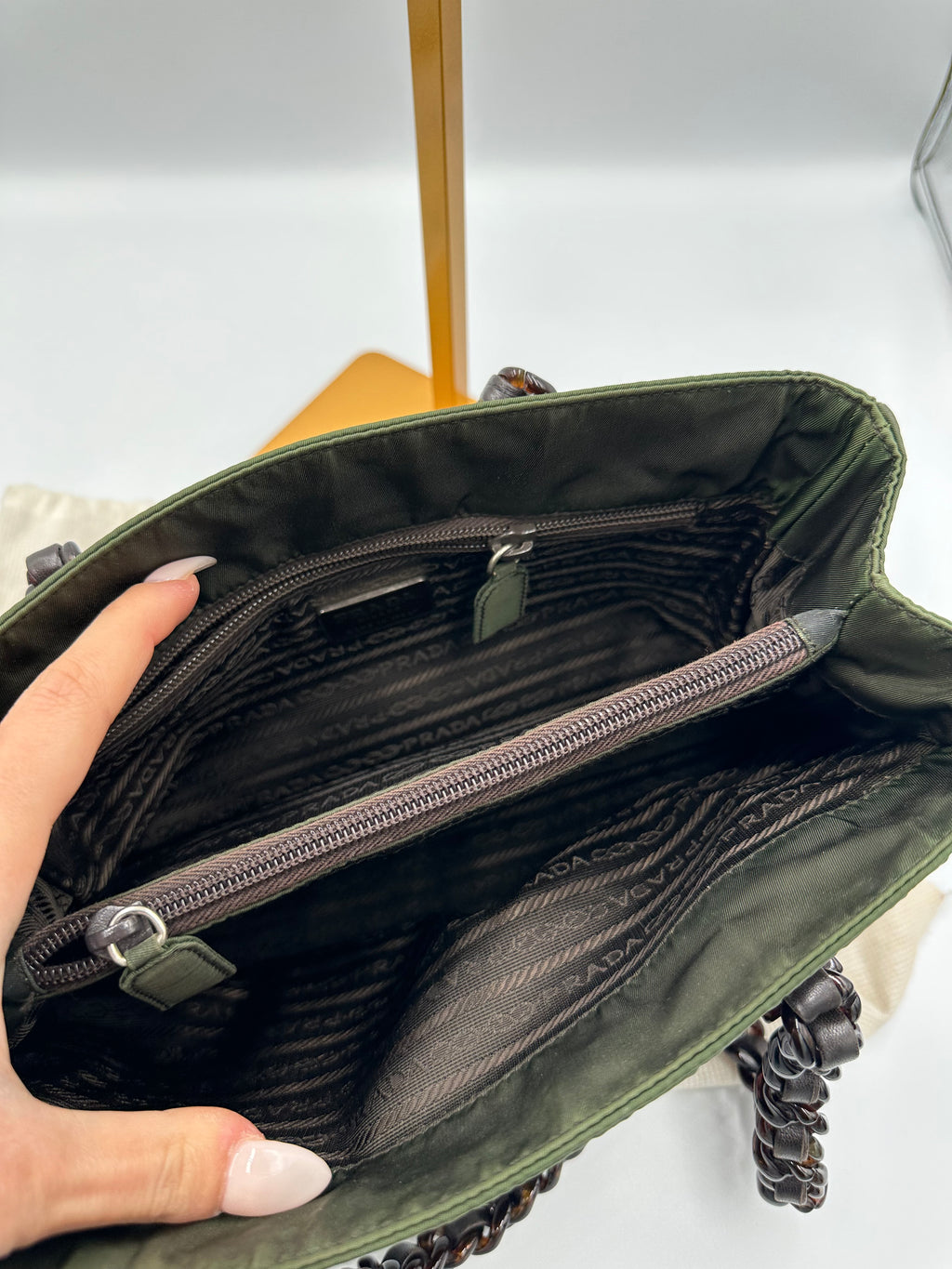 Prada Nylon black chain forest green shoulder bag