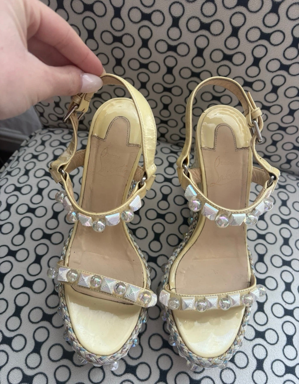 Christian Louboutin PYRACLOU 110 Wedge Sole Sandals Pearl Studded Light Yellow