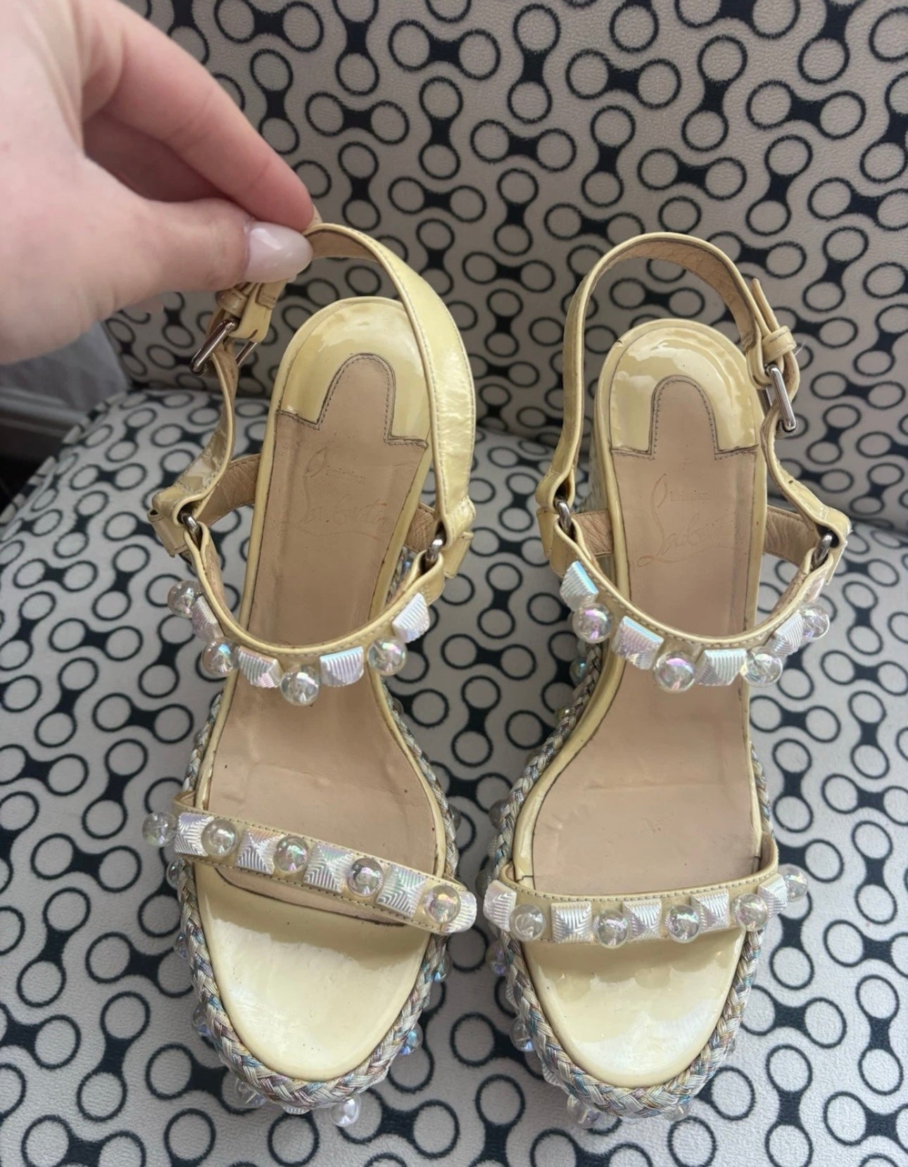 Christian Louboutin PYRACLOU 110 Wedge Sole Sandals Pearl Studded Light Yellow