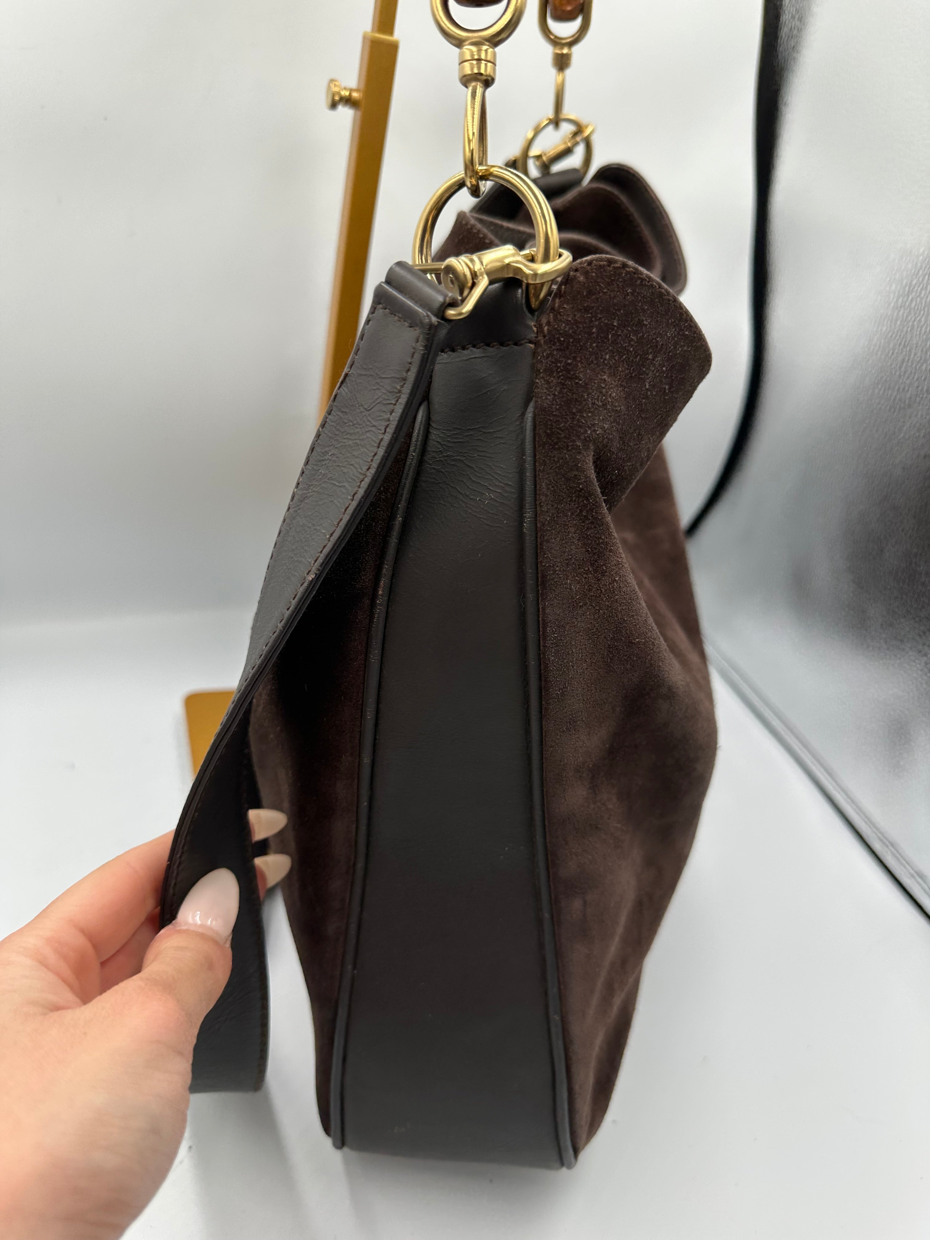 Vintage Gucci brown suede Bamboo shoulder bag