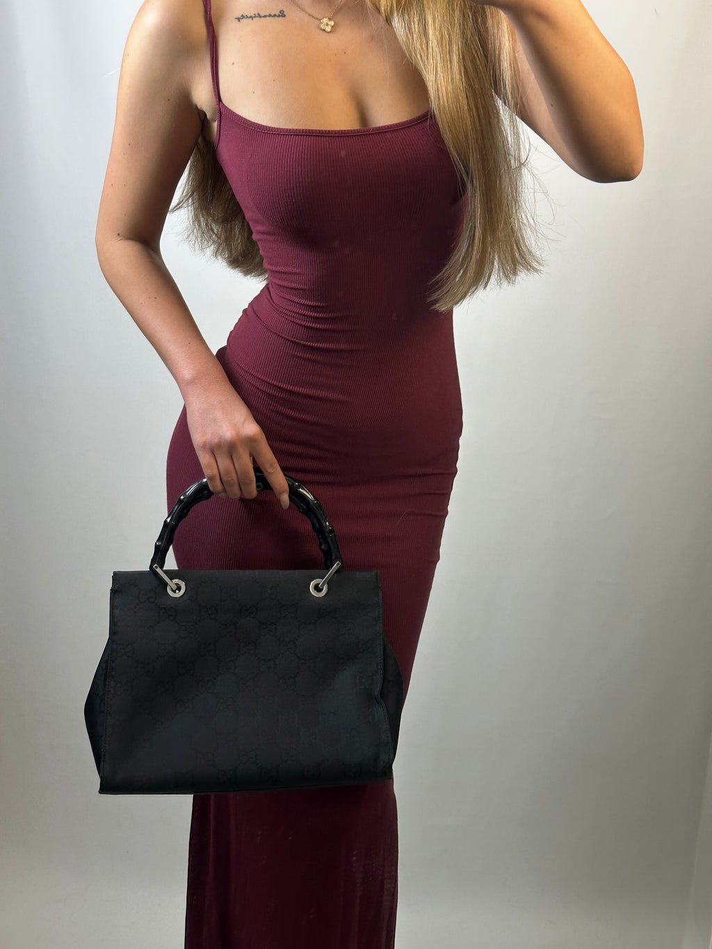 Gucci Tom Ford black monogram GG bamboo handbag