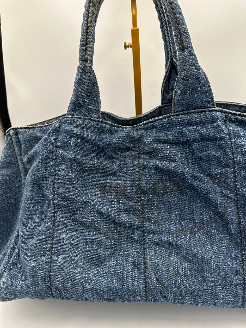Prada Kanapa Denim tote bag with black Prada writing