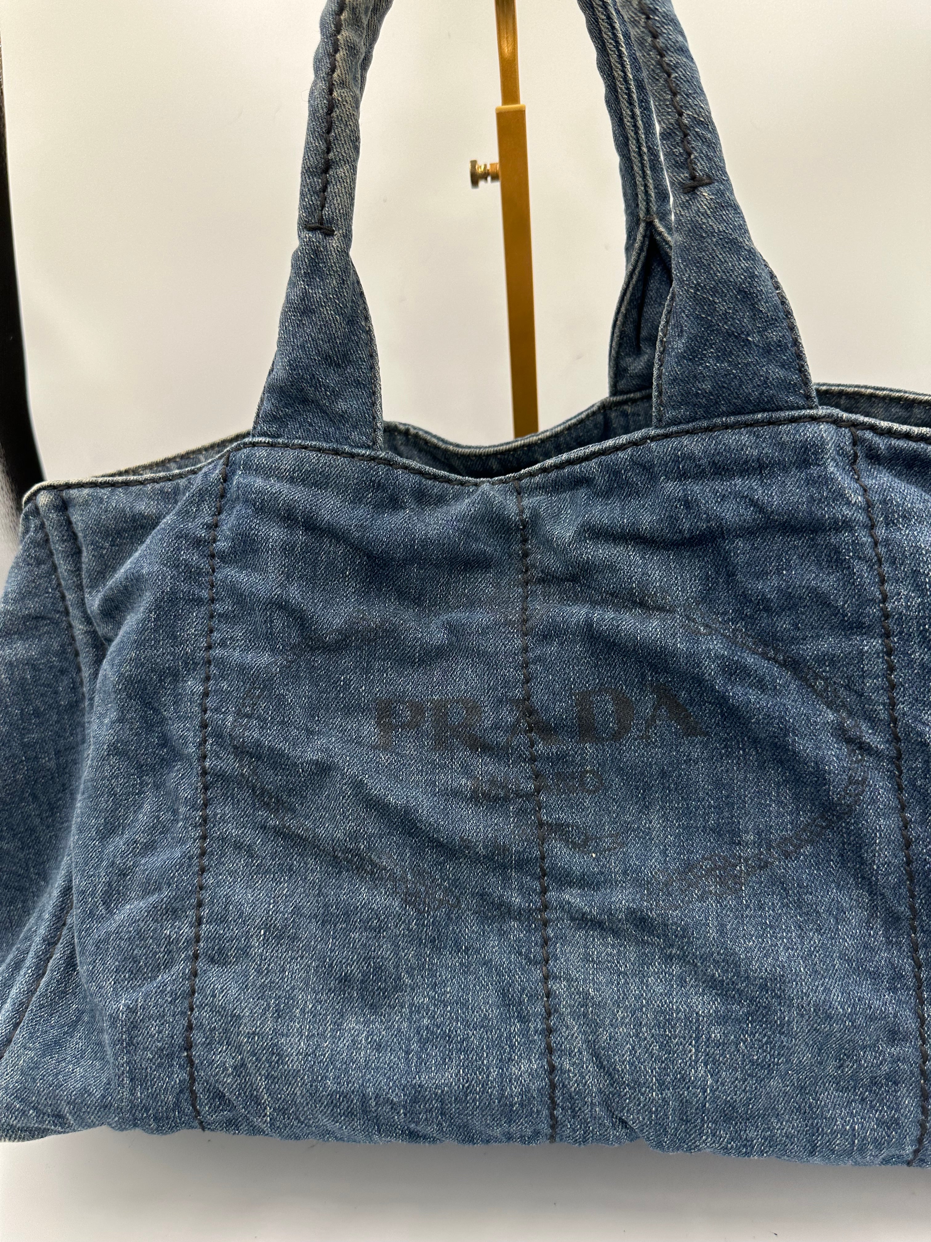 Prada Kanapa Denim tote bag with black Prada writing