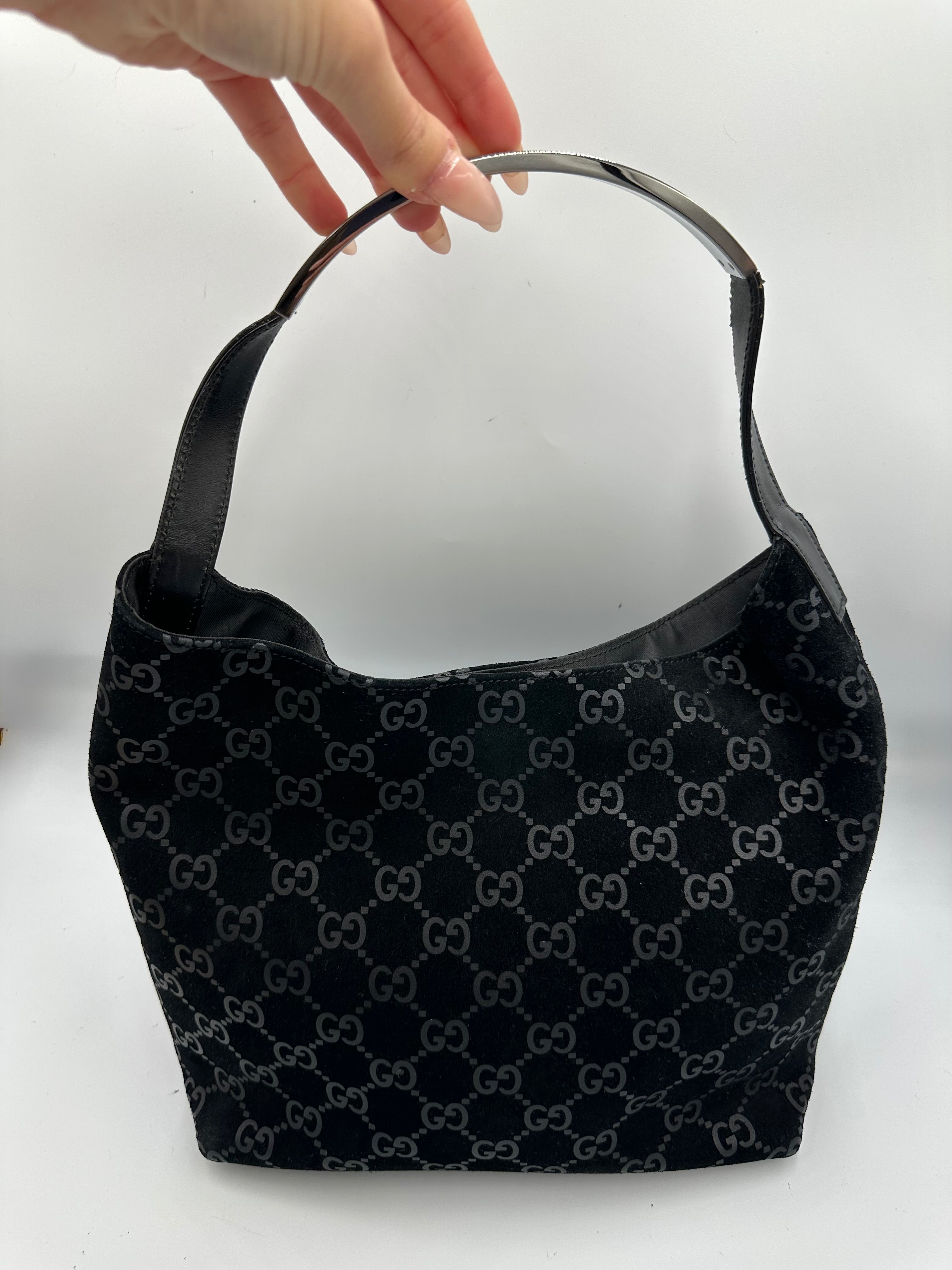 Tom Ford Gucci black suede silver top handle hobo shoulder bag
