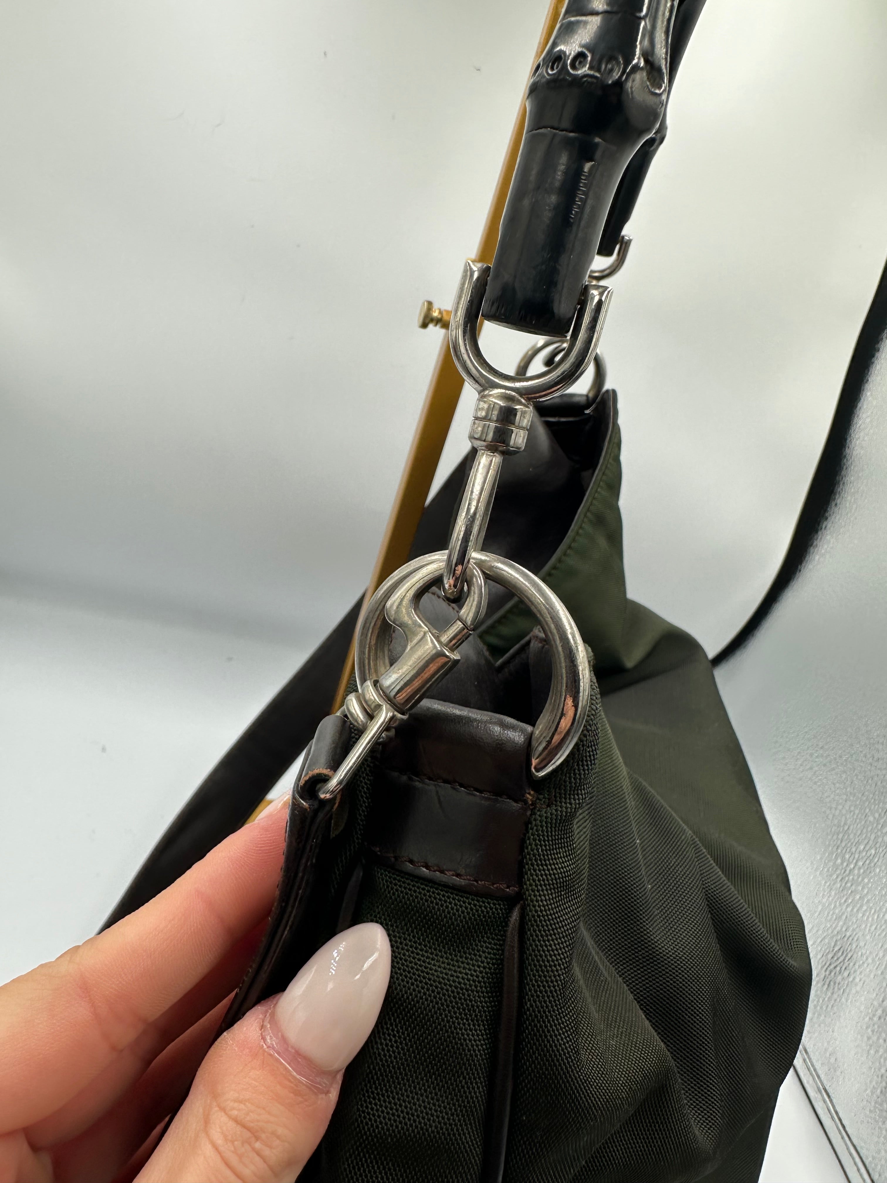 Gucci Bamboo forest green shoulder bag with black strap