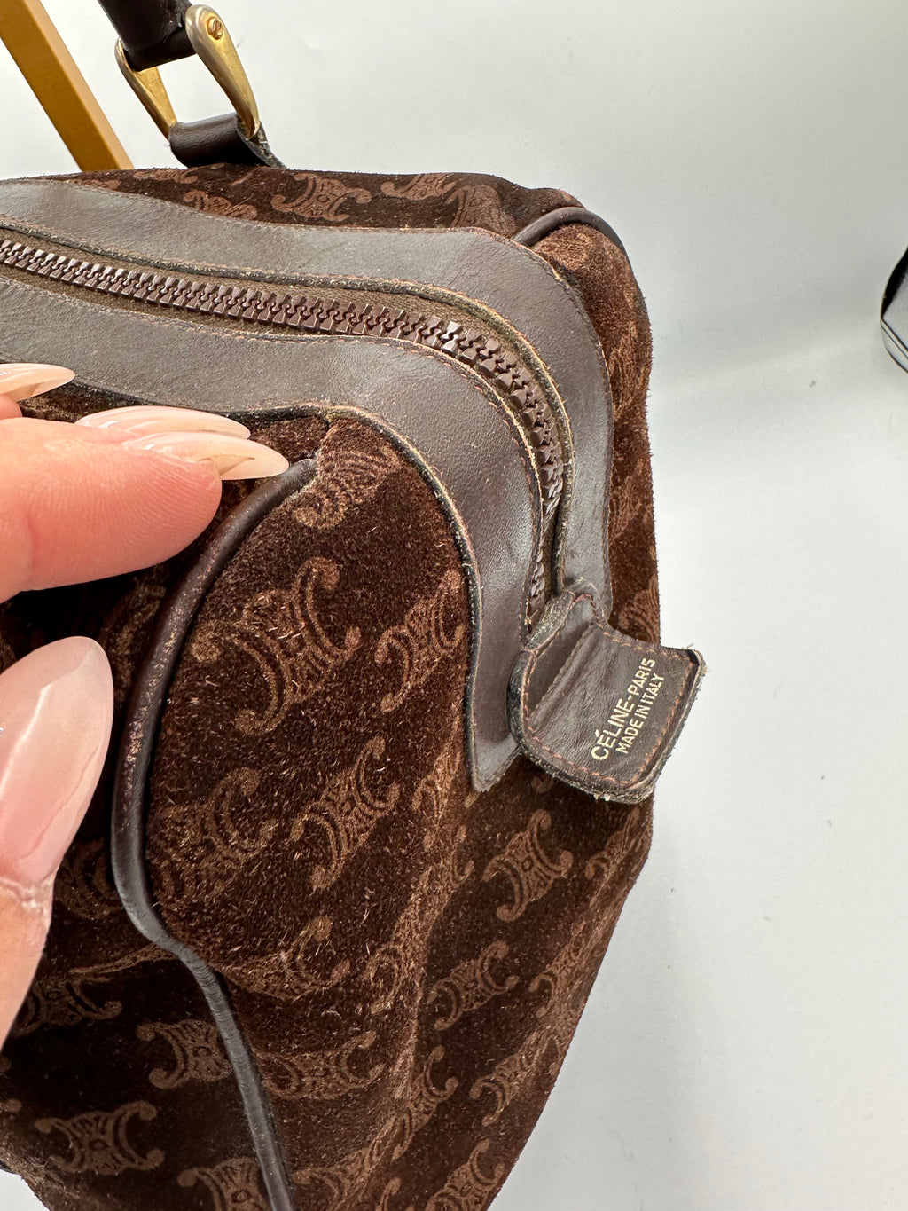 Rare Celine brown suede monogram Macadam handbag