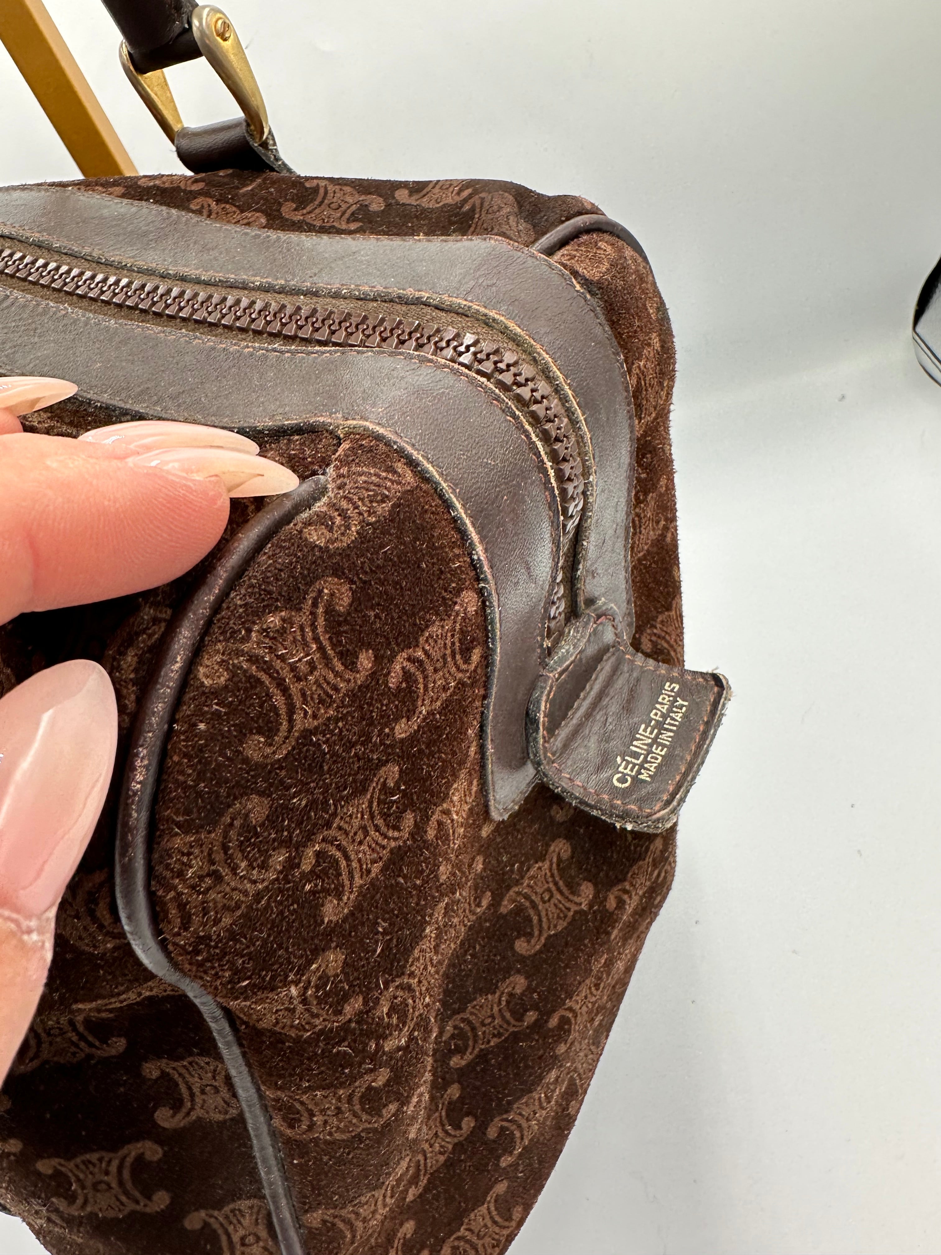 Rare Celine brown suede monogram Macadam handbag