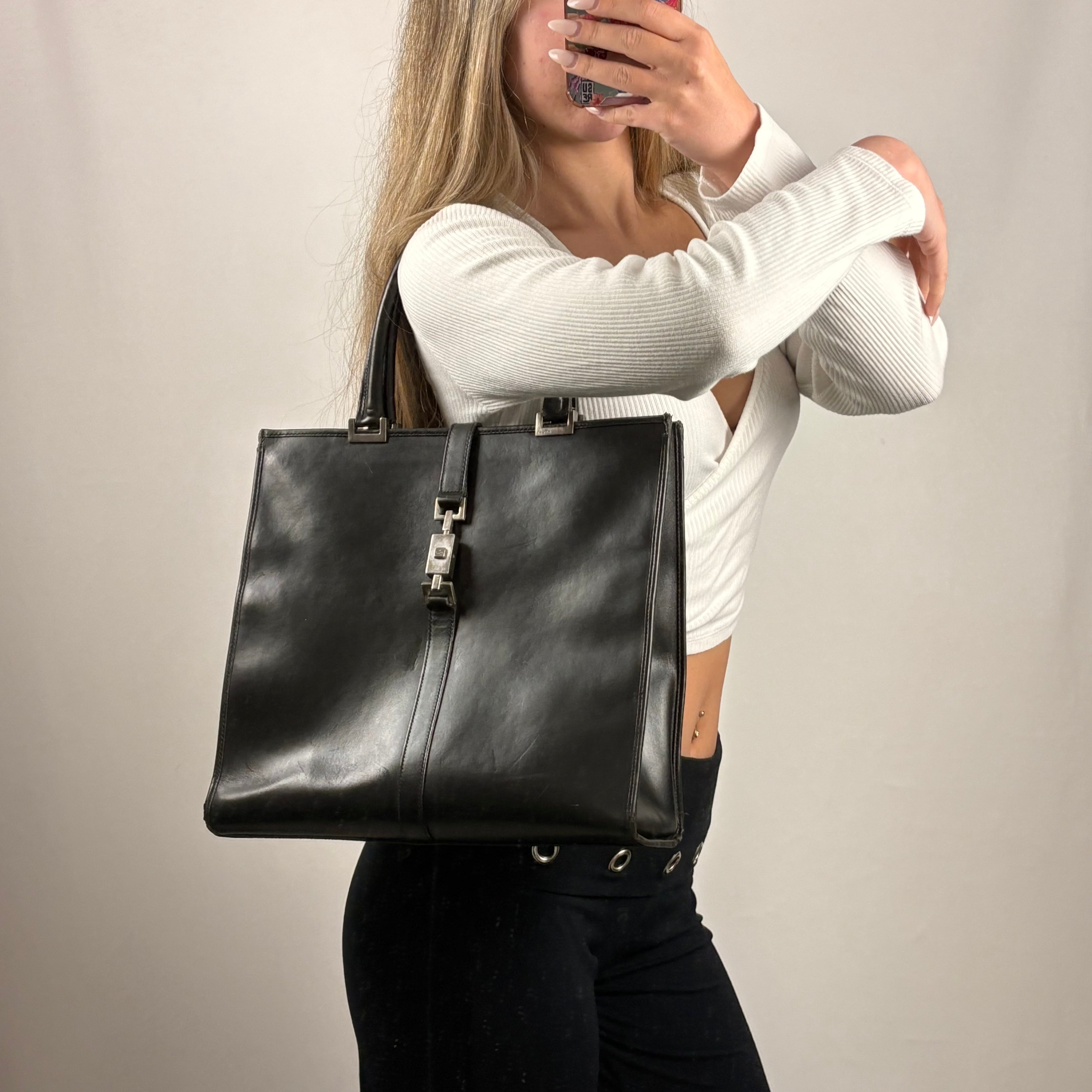 1990s Gucci leather black Jackie shoulder tote bag