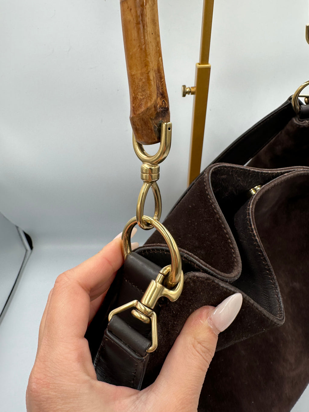 Vintage Gucci brown suede Bamboo shoulder bag