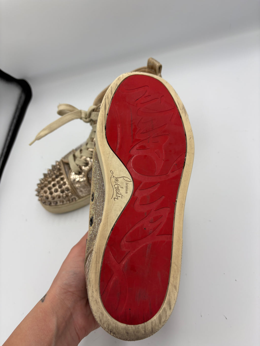Christian Louboutin Lou Spikes Spike Studded Glitter Sneakers in Rose Gold UK 5