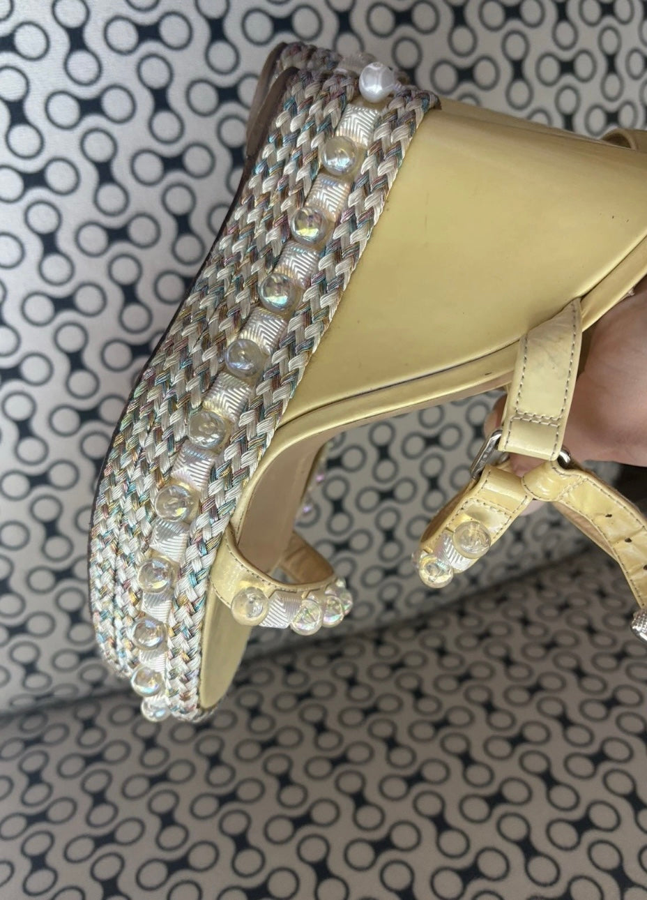 Christian Louboutin PYRACLOU 110 Wedge Sole Sandals Pearl Studded Light Yellow