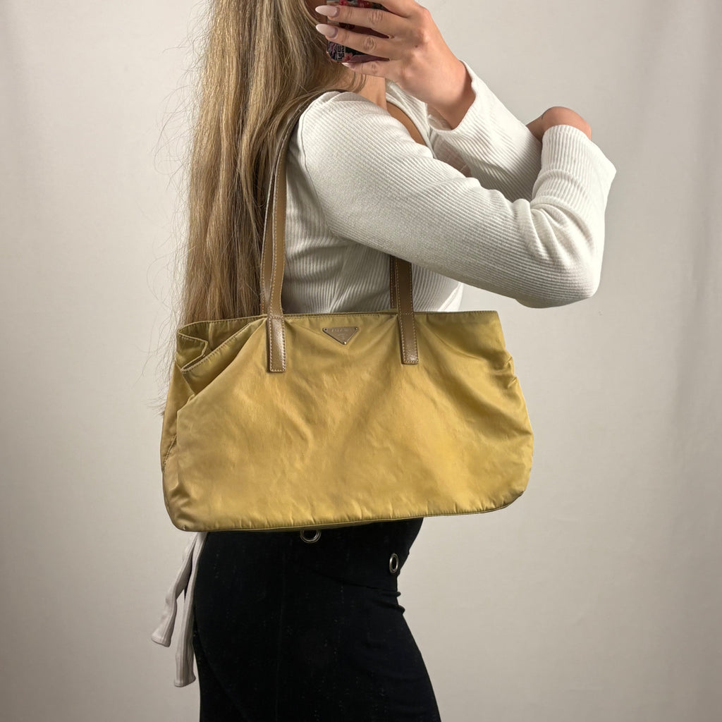Prada nylon beige shoulder bag with triangle logo