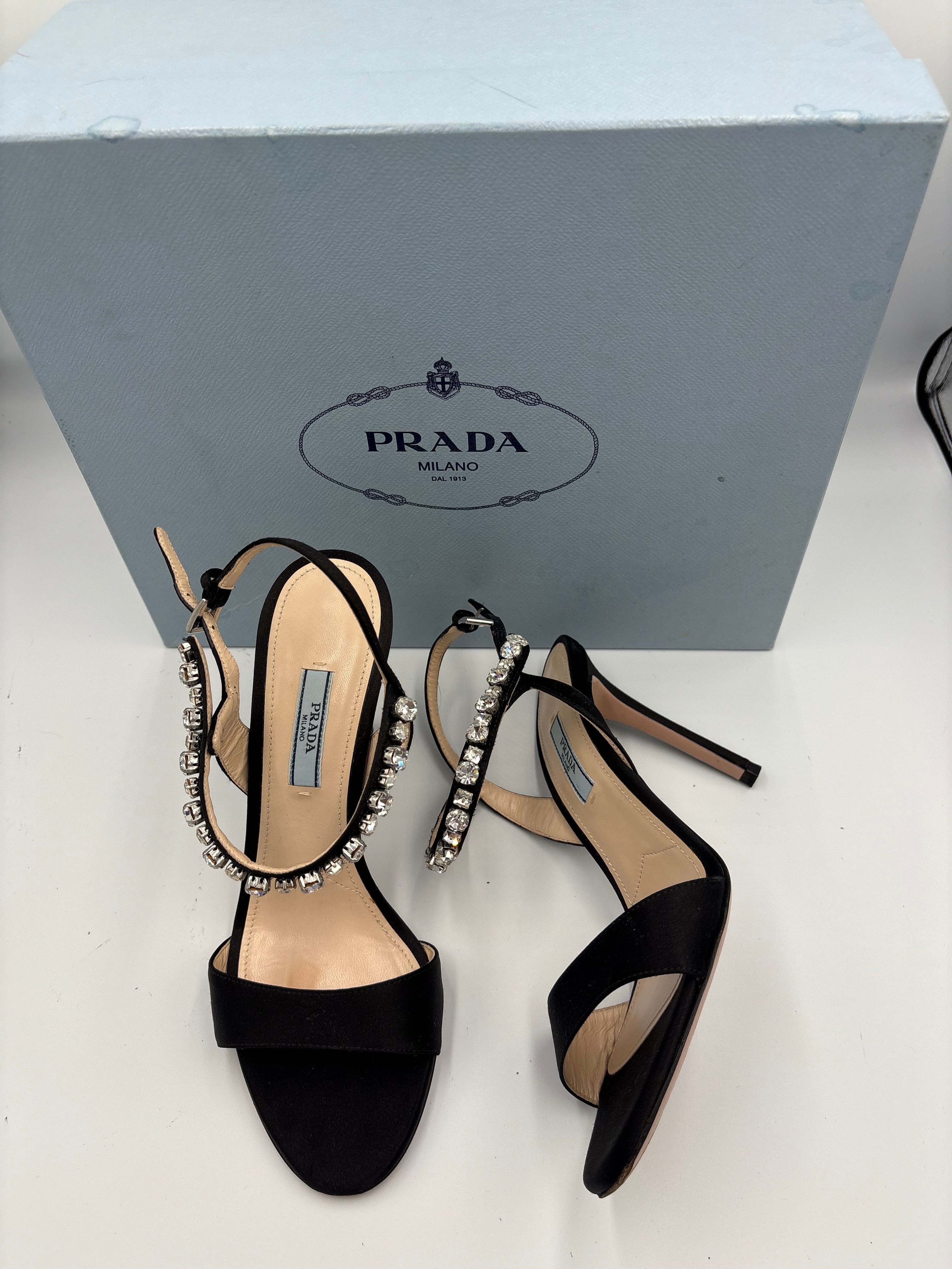 Prada black satin crystal embellished strappy high heel sandals UK 4.5