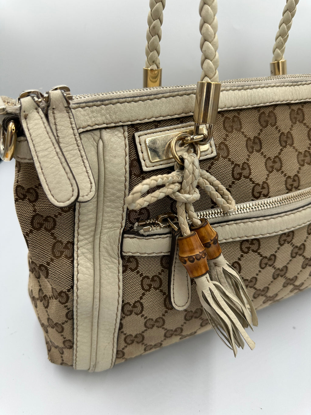 Rare Gucci Small GG Canvas Bella Satchel in beige and cream