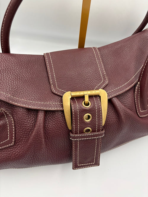 Celine Burgundy buckle leather shoulder tote bag