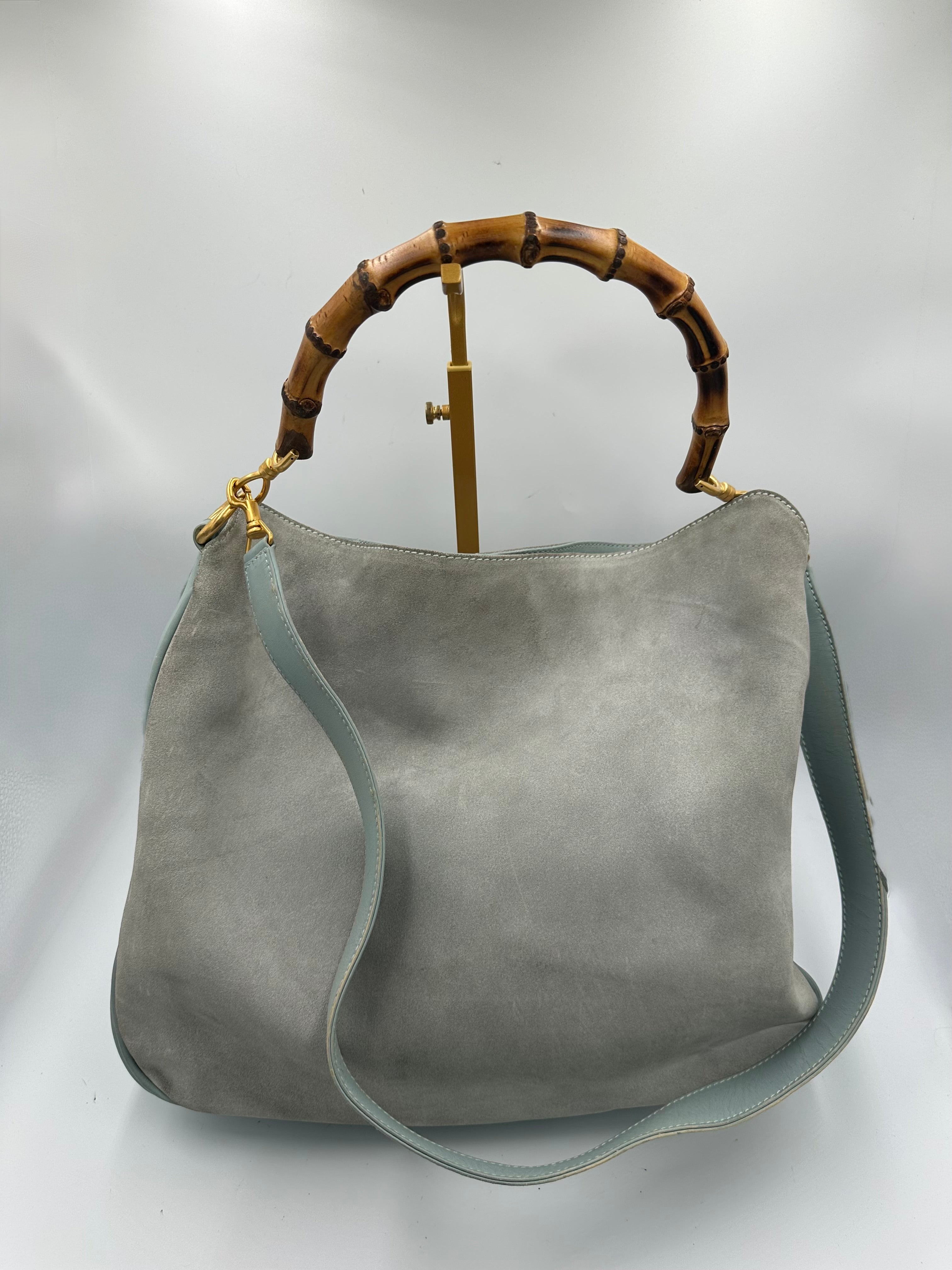 Rare Gucci Bamboo baby blue suede top handle shoulder bag
