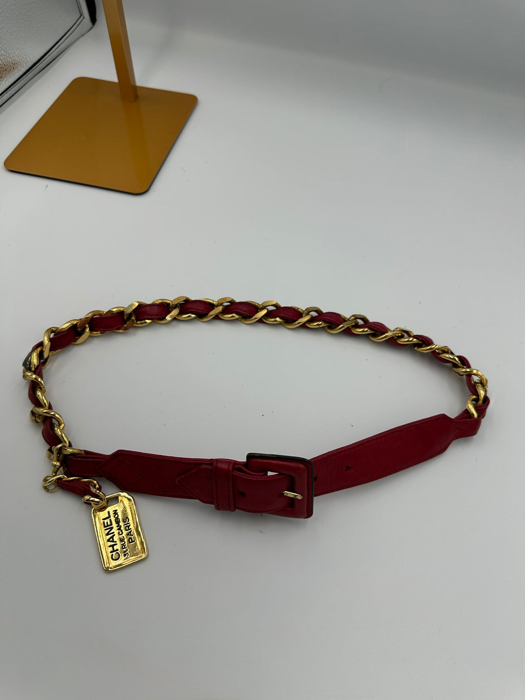 Rare 1990s Chanel red leather “ 31 Rue Cambon Paris chain belt