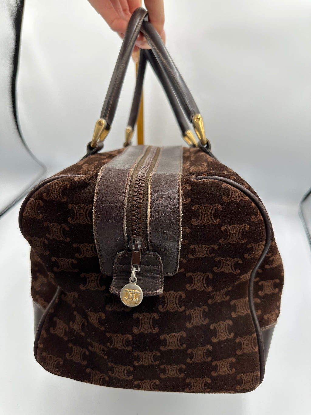 Rare Celine brown suede monogram Macadam handbag