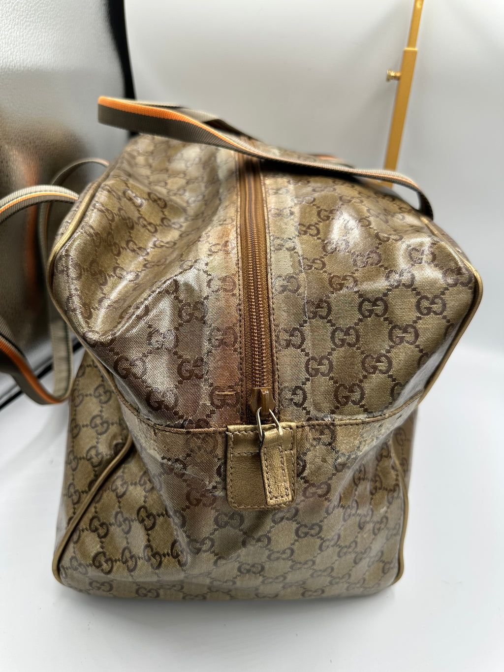 Rare 2000s Gucci bronze PVC metallic GG monogram pattern duffel bag