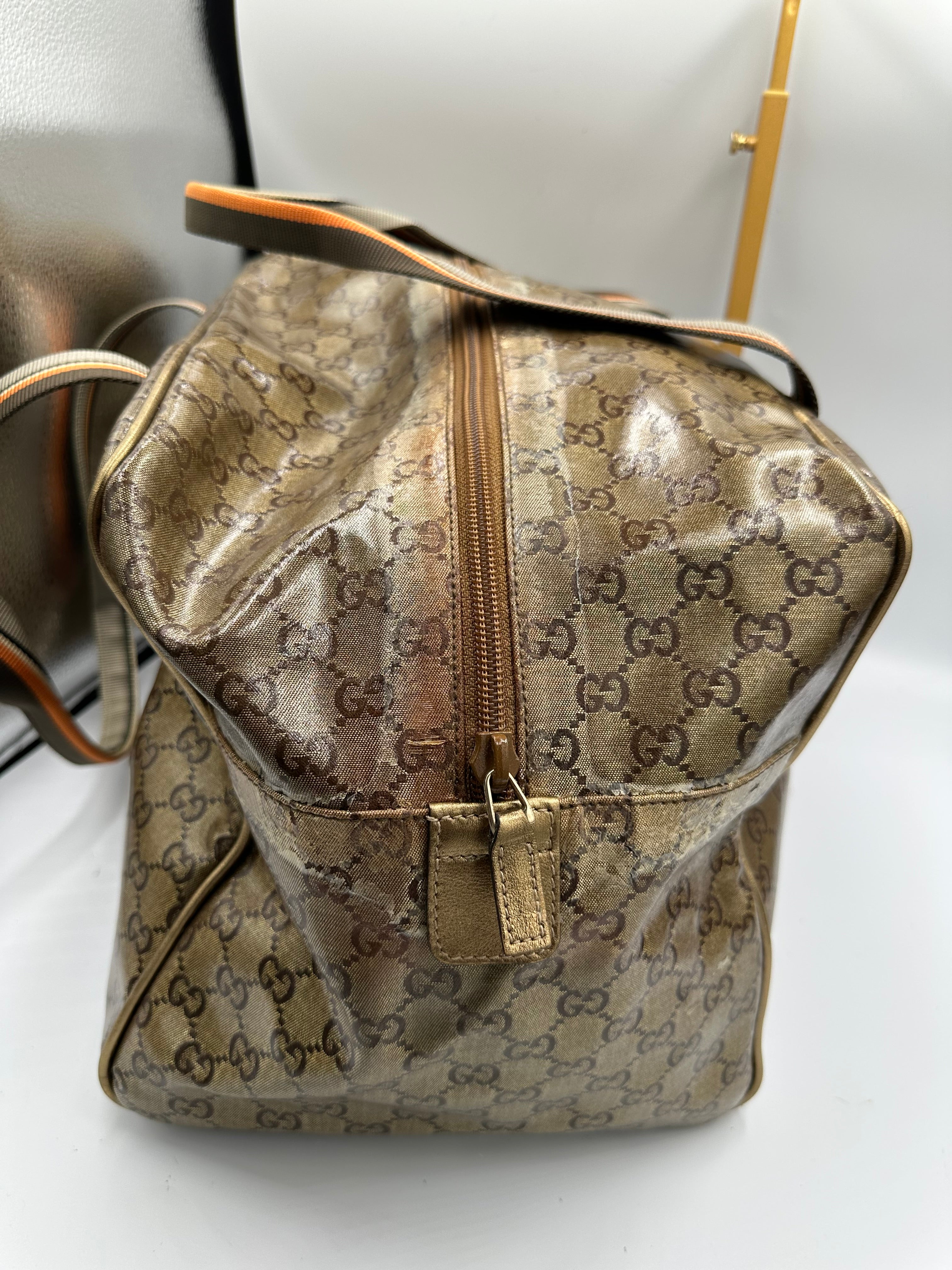 Rare 2000s Gucci bronze PVC metallic GG monogram pattern duffel bag