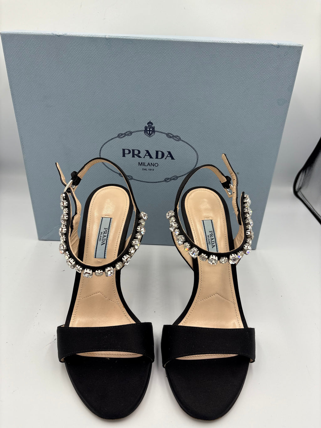 Prada black satin crystal embellished strappy high heel sandals UK 4.5