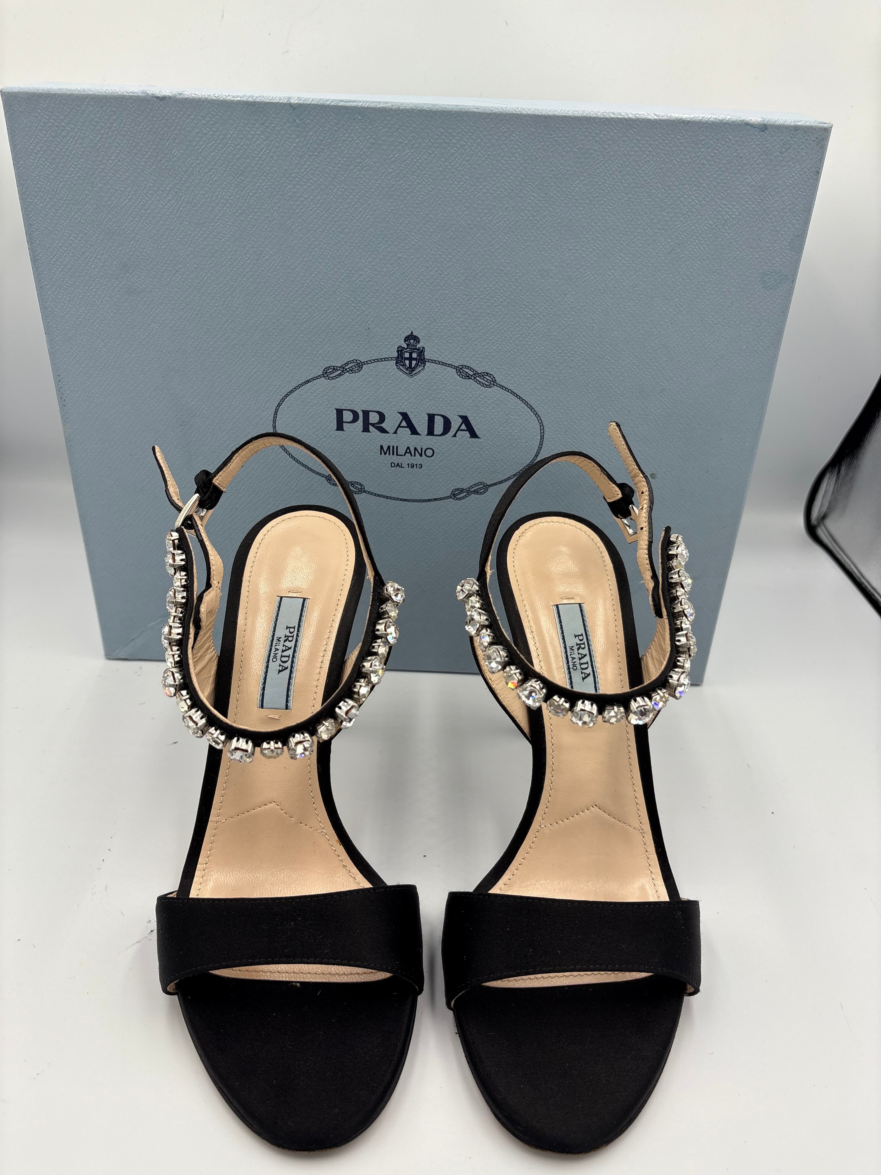 Prada black satin crystal embellished strappy high heel sandals UK 4.5