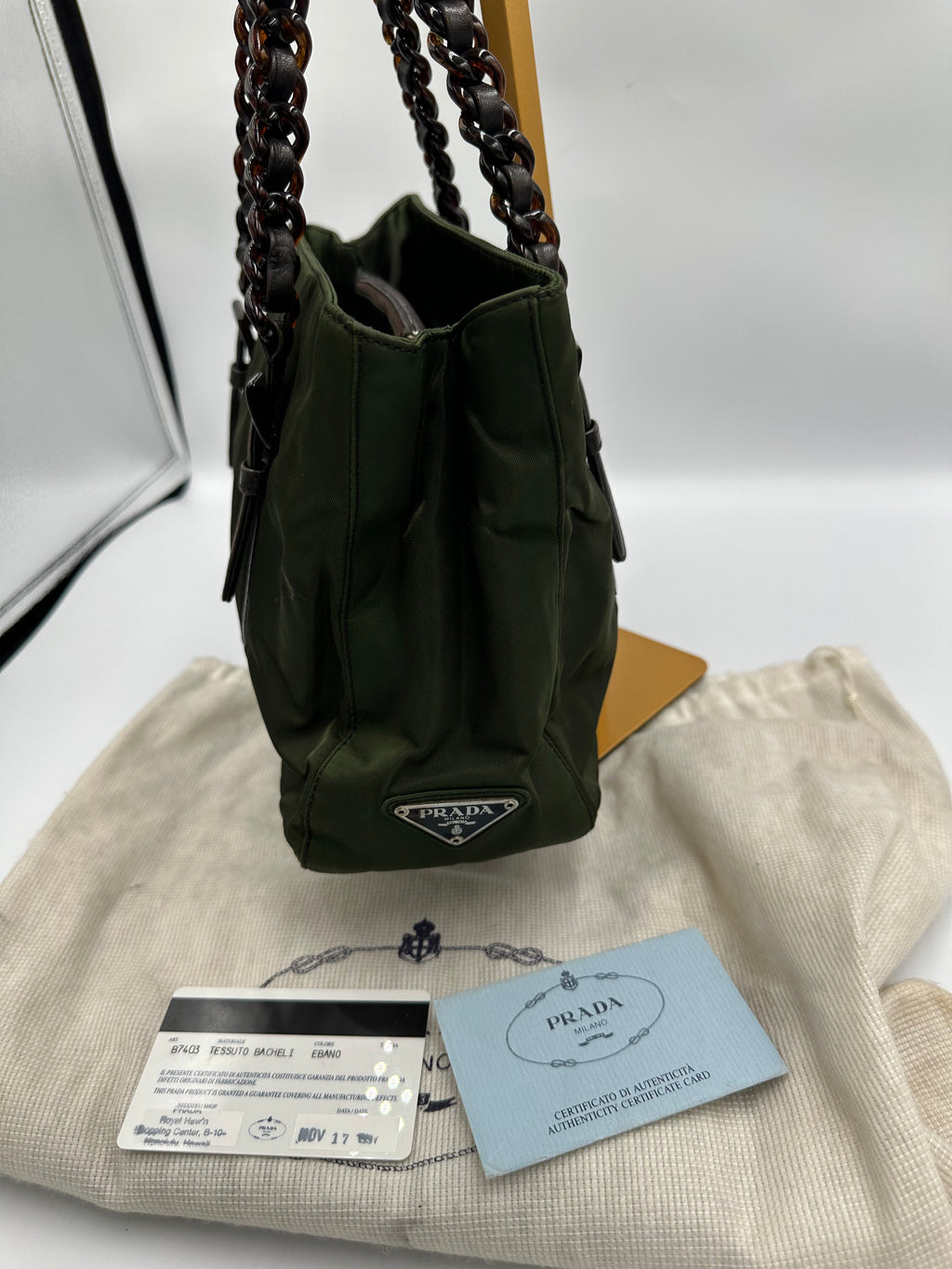 Prada Nylon black chain forest green shoulder bag