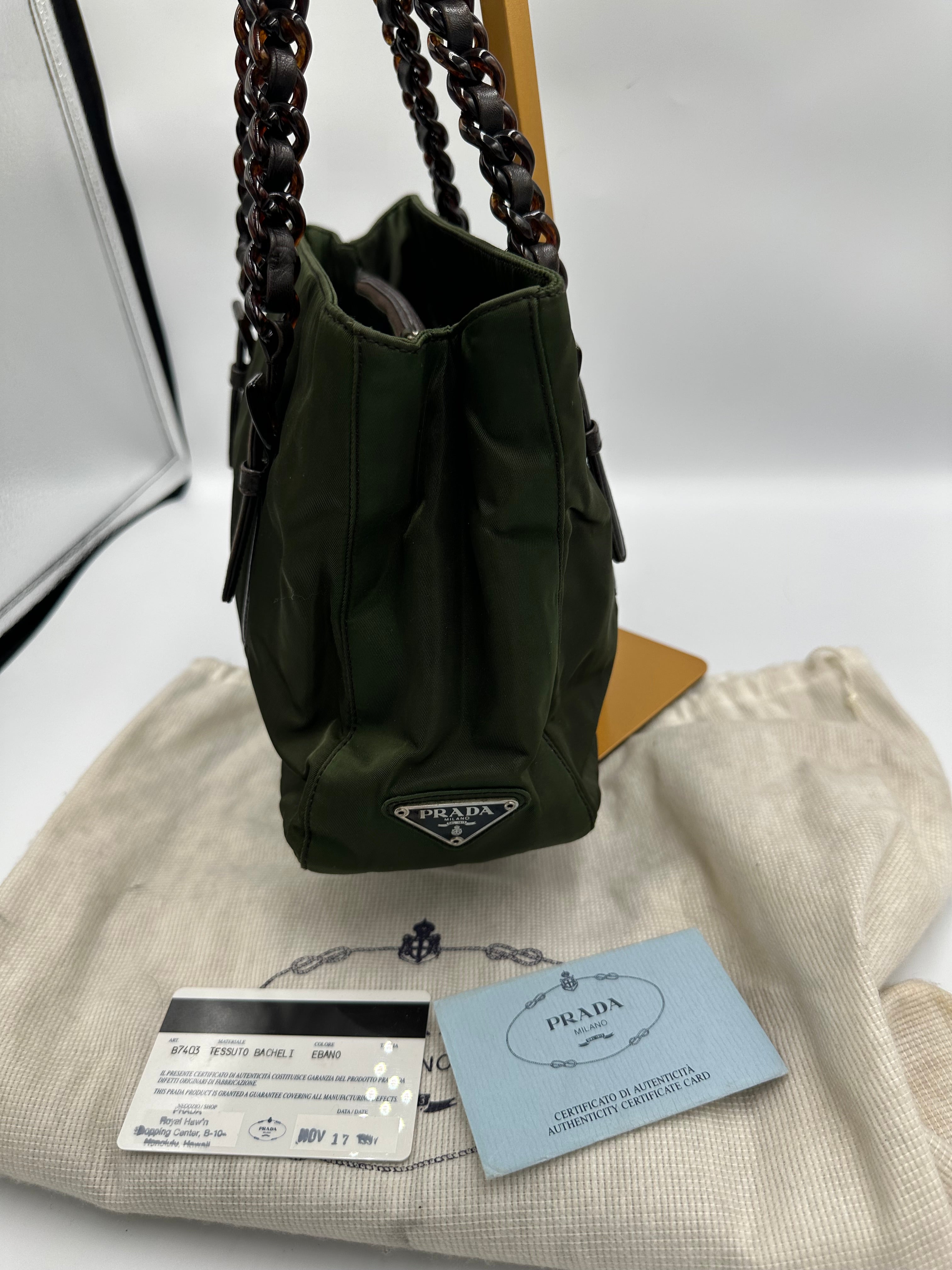 Prada Nylon black chain forest green shoulder bag