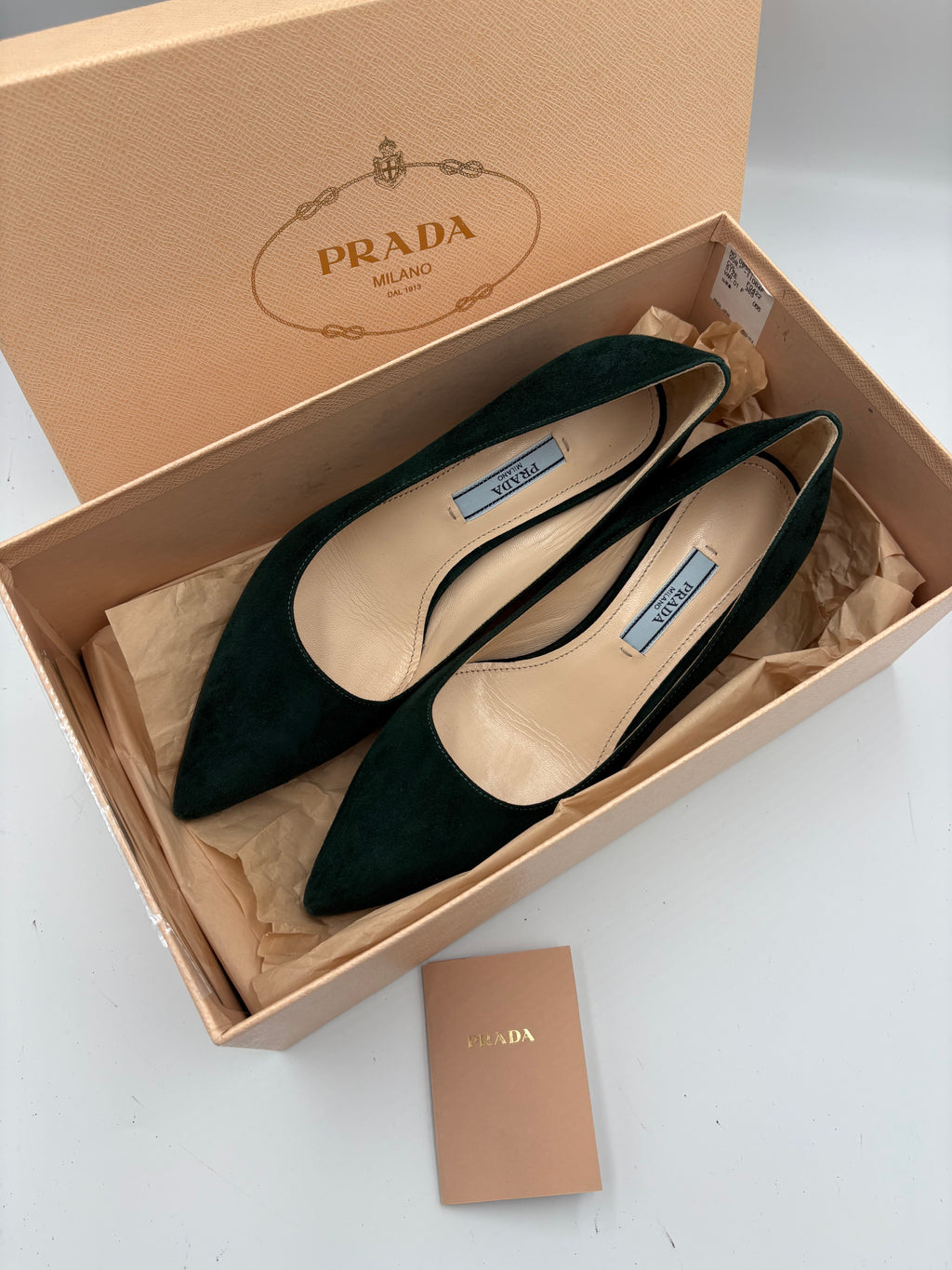 Authentic Prada emerald forest green suede kitten heel pointy toe heels