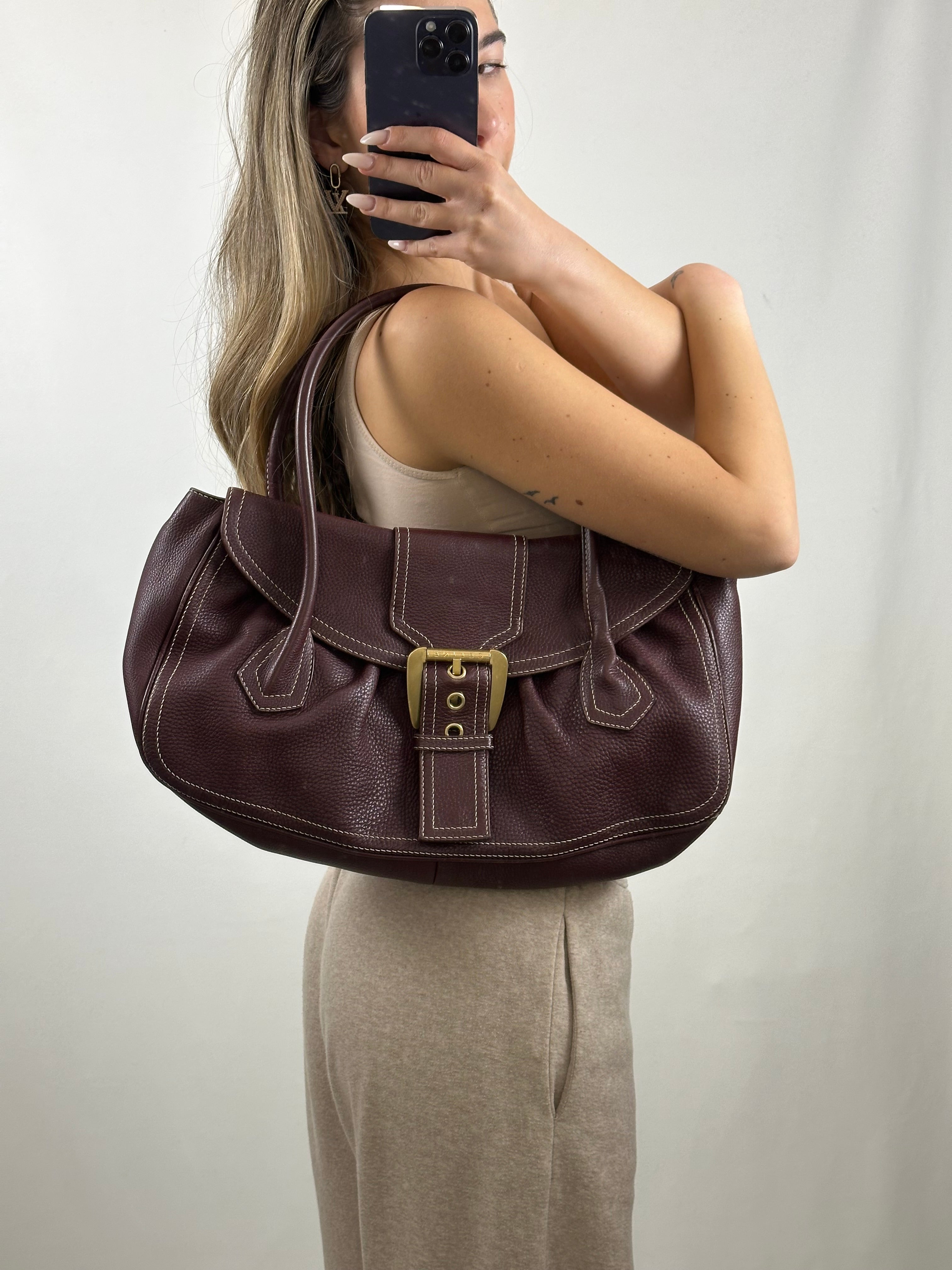 Celine Burgundy buckle leather shoulder tote bag