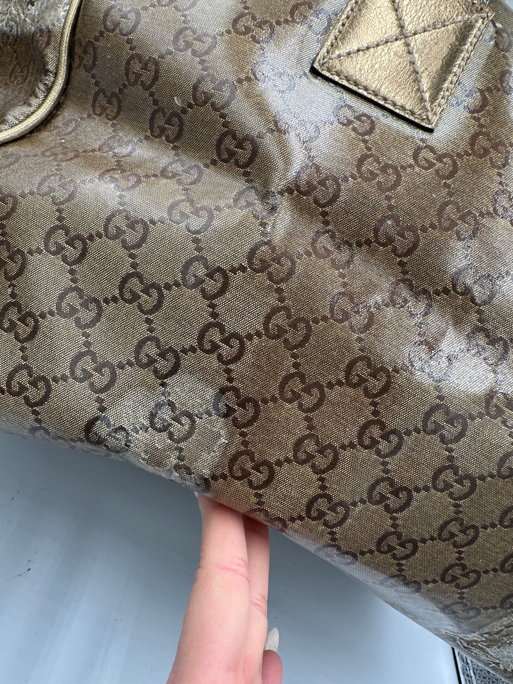 Rare 2000s Gucci bronze PVC metallic GG monogram pattern duffel bag