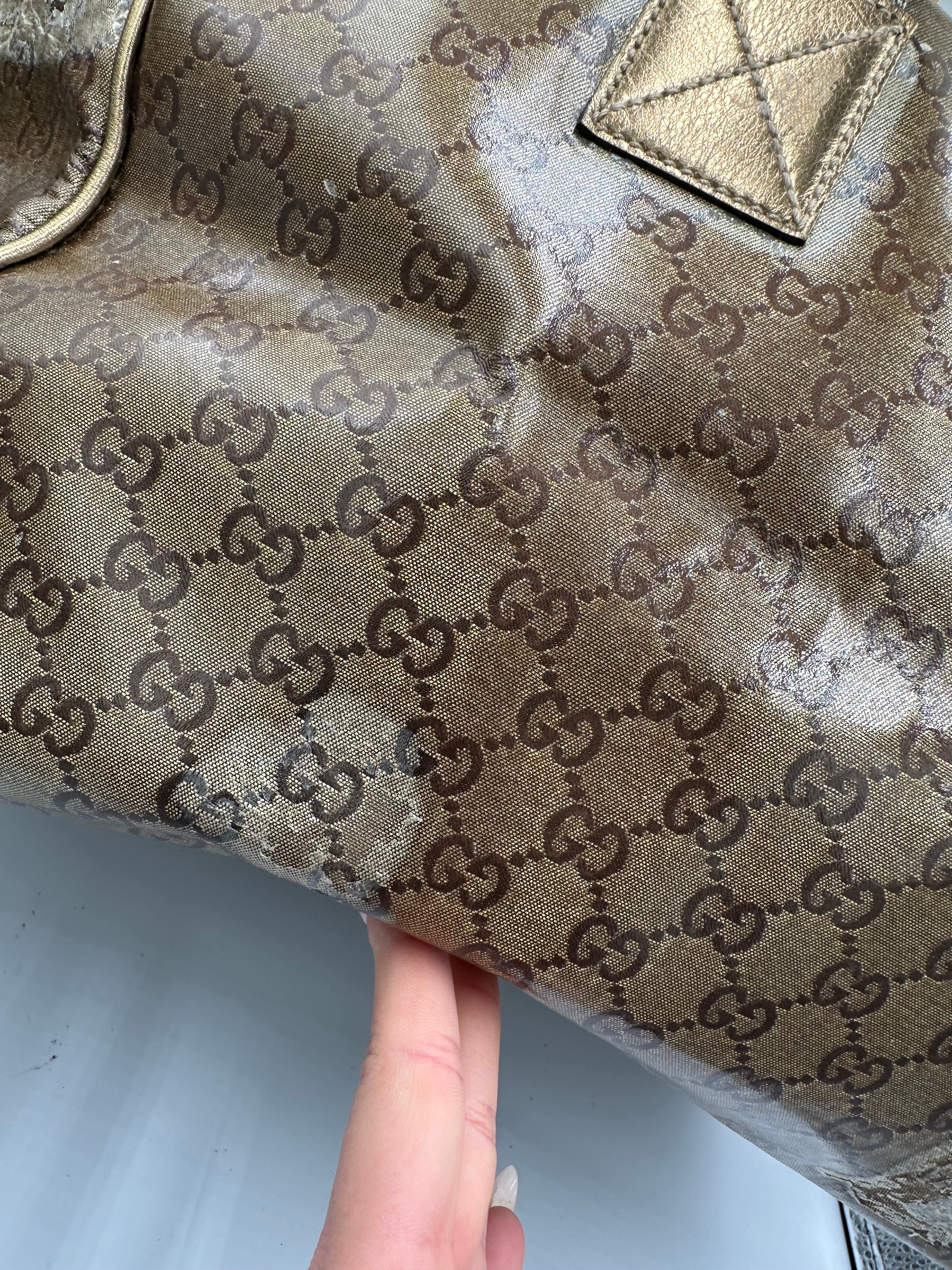 Rare 2000s Gucci bronze PVC metallic GG monogram pattern duffel bag