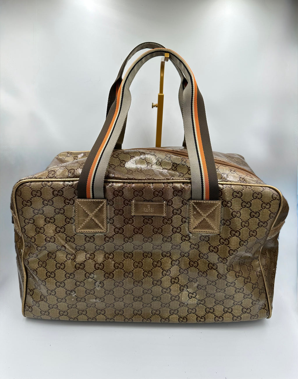 Rare 2000s Gucci bronze PVC metallic GG monogram pattern duffel bag