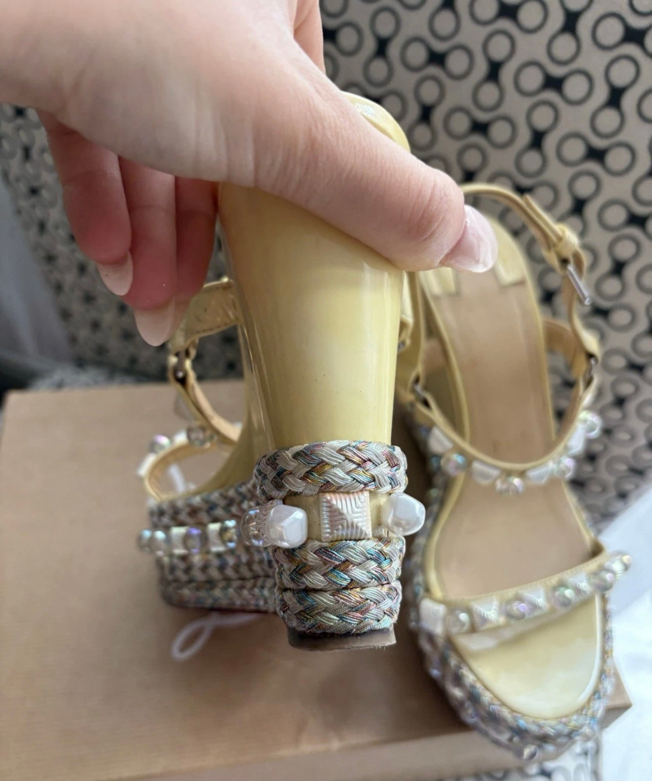 Christian Louboutin PYRACLOU 110 Wedge Sole Sandals Pearl Studded Light Yellow
