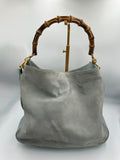 Rare Gucci Bamboo baby blue suede top handle shoulder bag