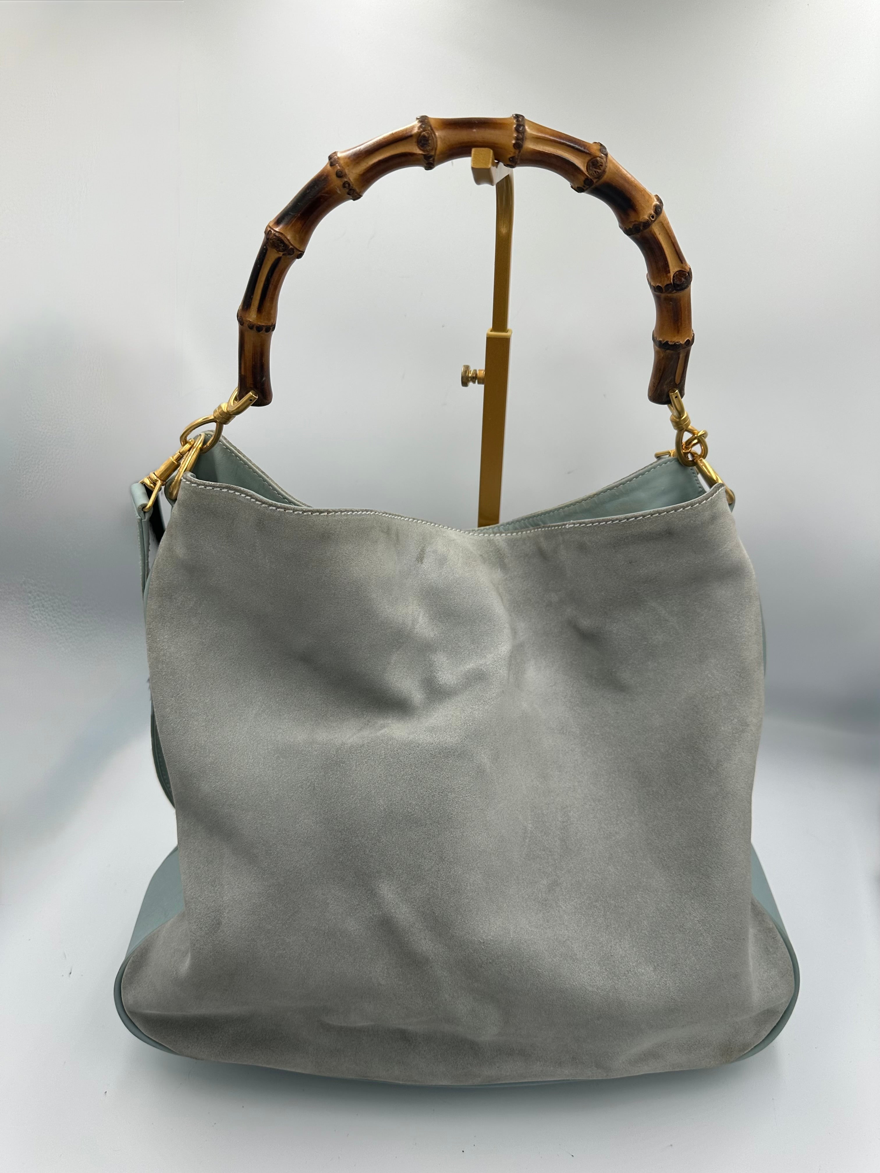 Rare Gucci Bamboo baby blue suede top handle shoulder bag