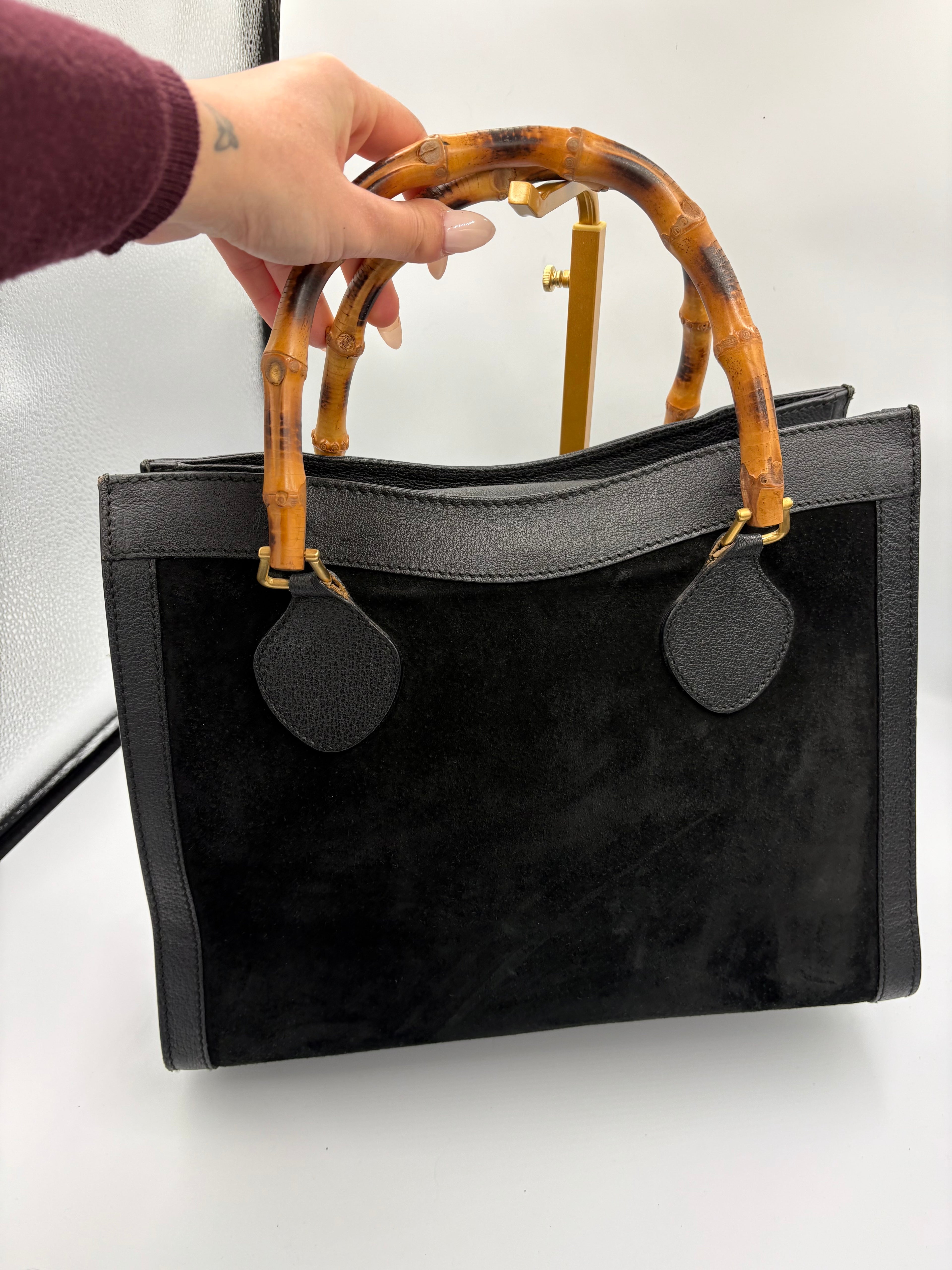 Vintage Gucci Diana Suede black bamboo handbag