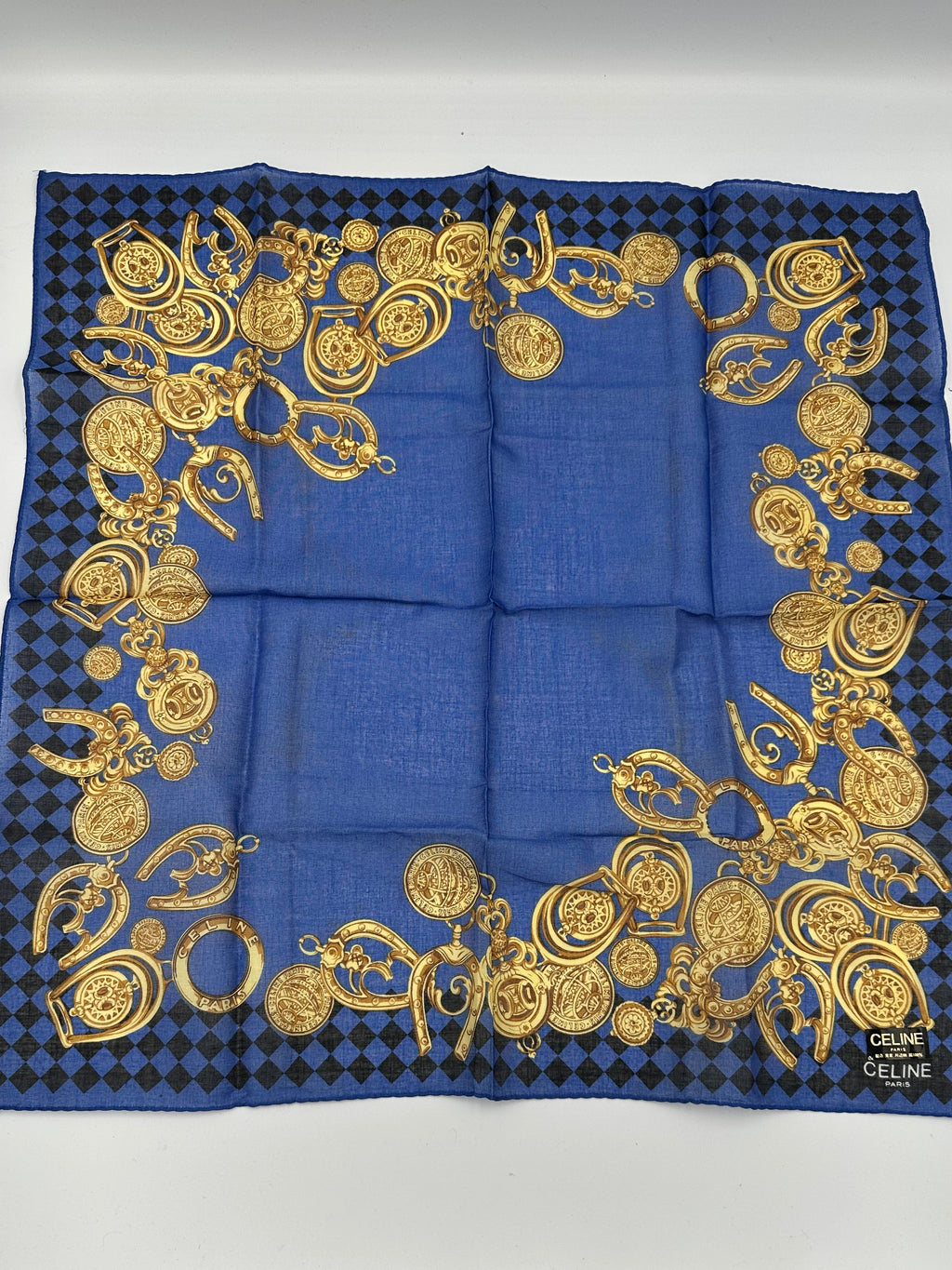 Celine Silk Triomph navy and gold scarf