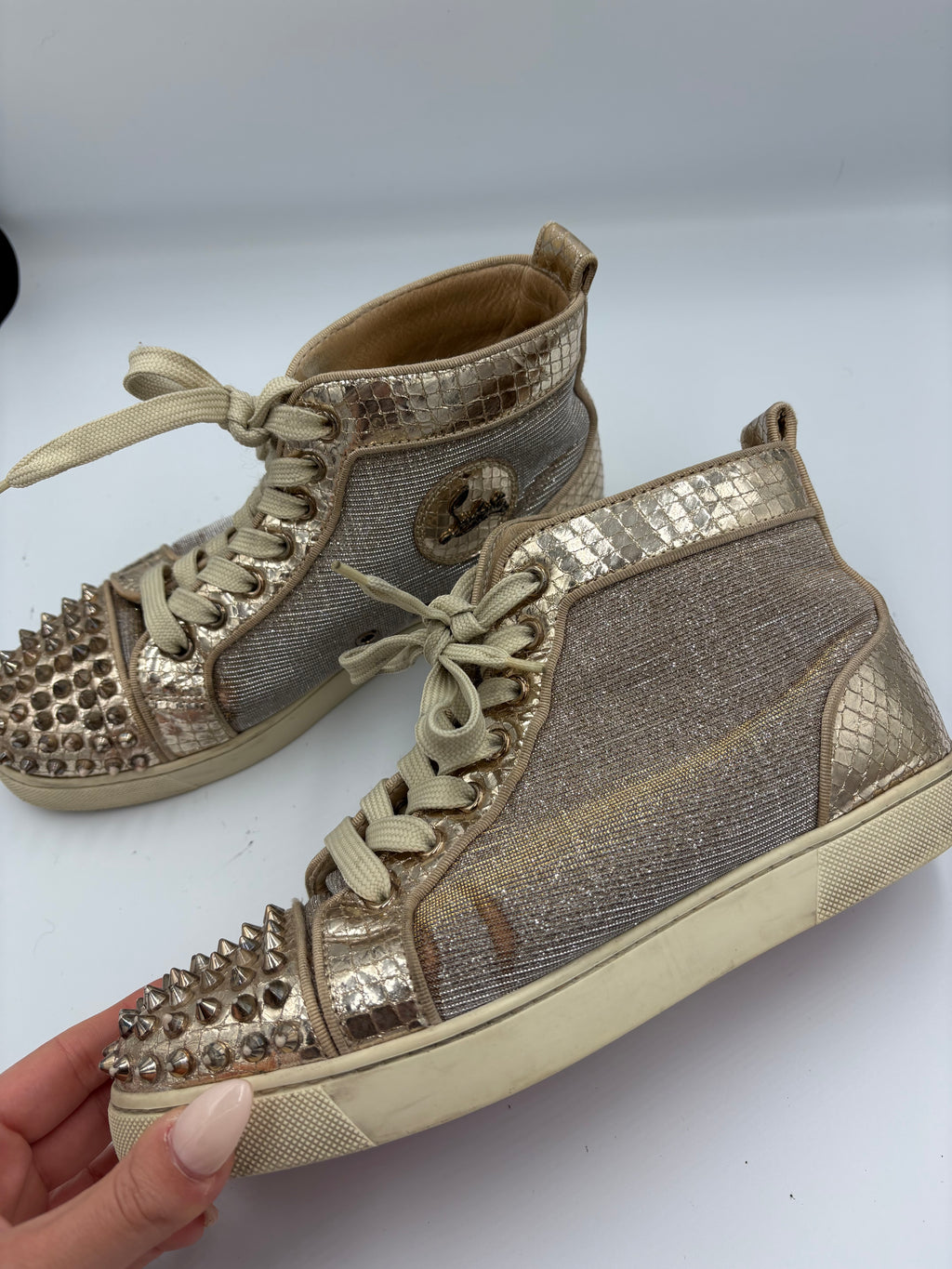 Christian Louboutin Lou Spikes Spike Studded Glitter Sneakers in Rose Gold UK 5