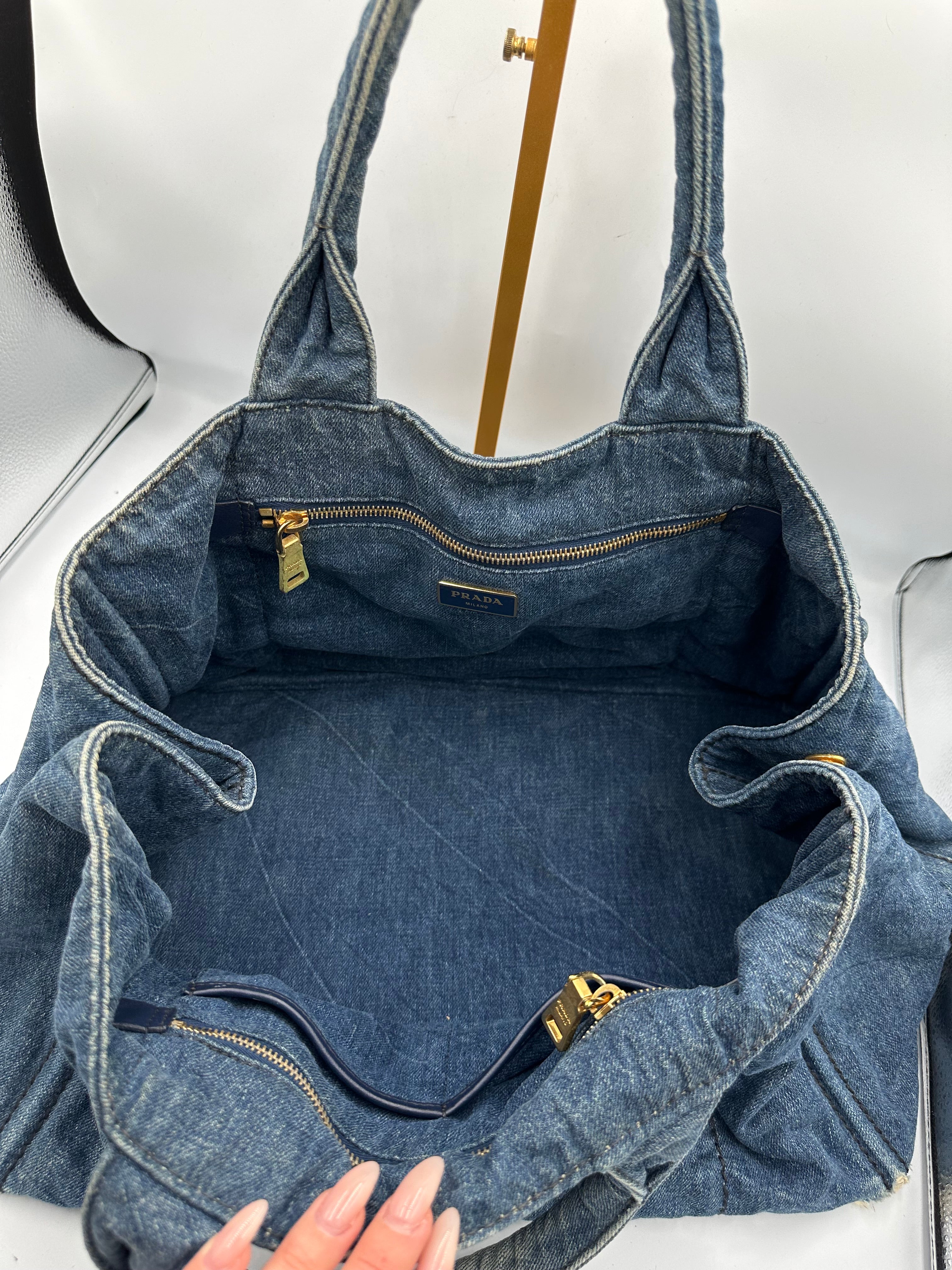 Prada Kanapa Denim tote bag with black Prada writing