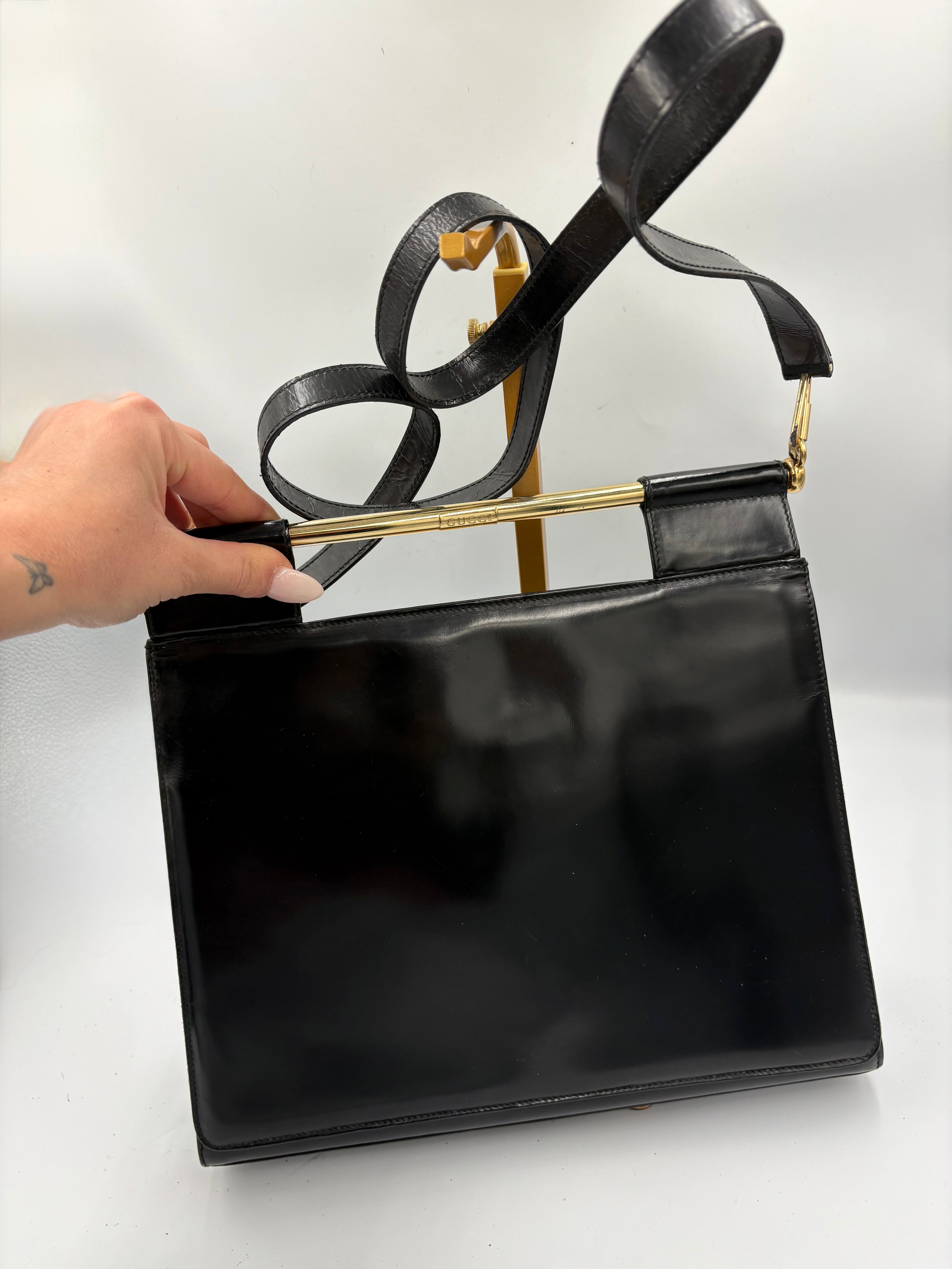 rare 90s Gucci by Tom Ford black patent leather gold handle Clutch