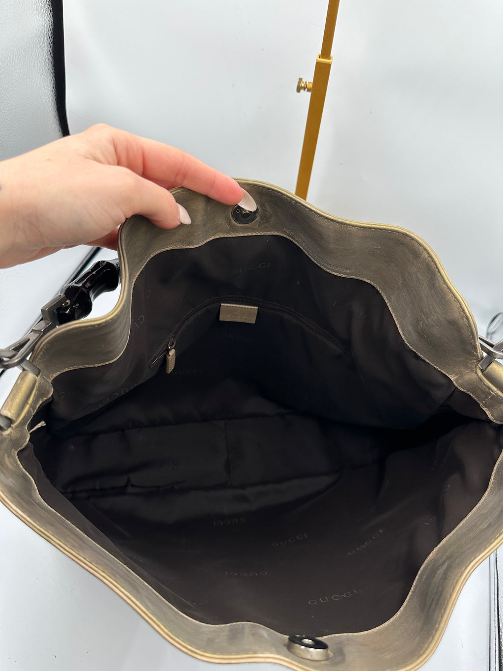 Rare Gucci Bamboo top handle shoulder bag in metallic olive green